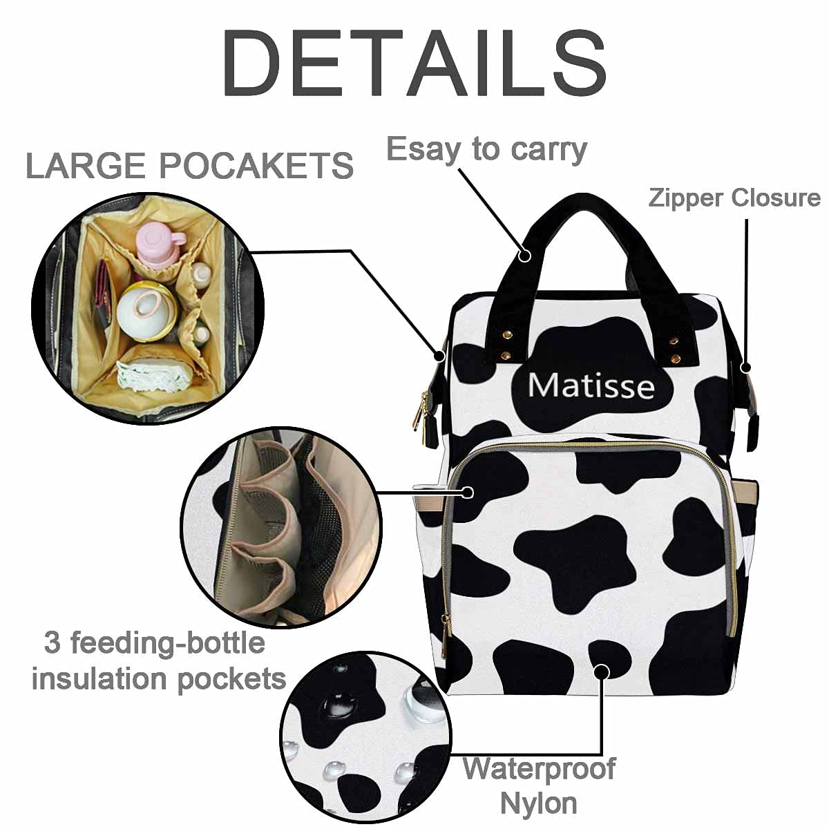 Personalized Black Diaper Backpack for Baby Girls & Boys - Custom Name Cows Print, Waterproof Multifunctional Travel Daypack for Moms & Dads - Perfect for Daycare, Outings & Baby Shower Gifts