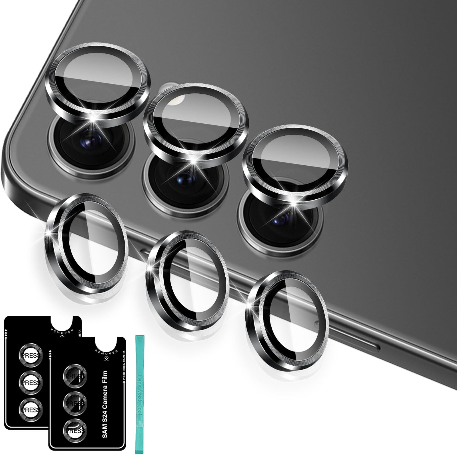 Aerku Camera Lens Protector for Samsung Galaxy S24 5G - Tempered Glass, HD Clear Scratch-Resistant, 9H Hardness Aluminum Frame - Anti-Scratch Screen Protector Compatible with All Phone Cases (Black) - Perfect for Outdoor Photography & Daily Protection