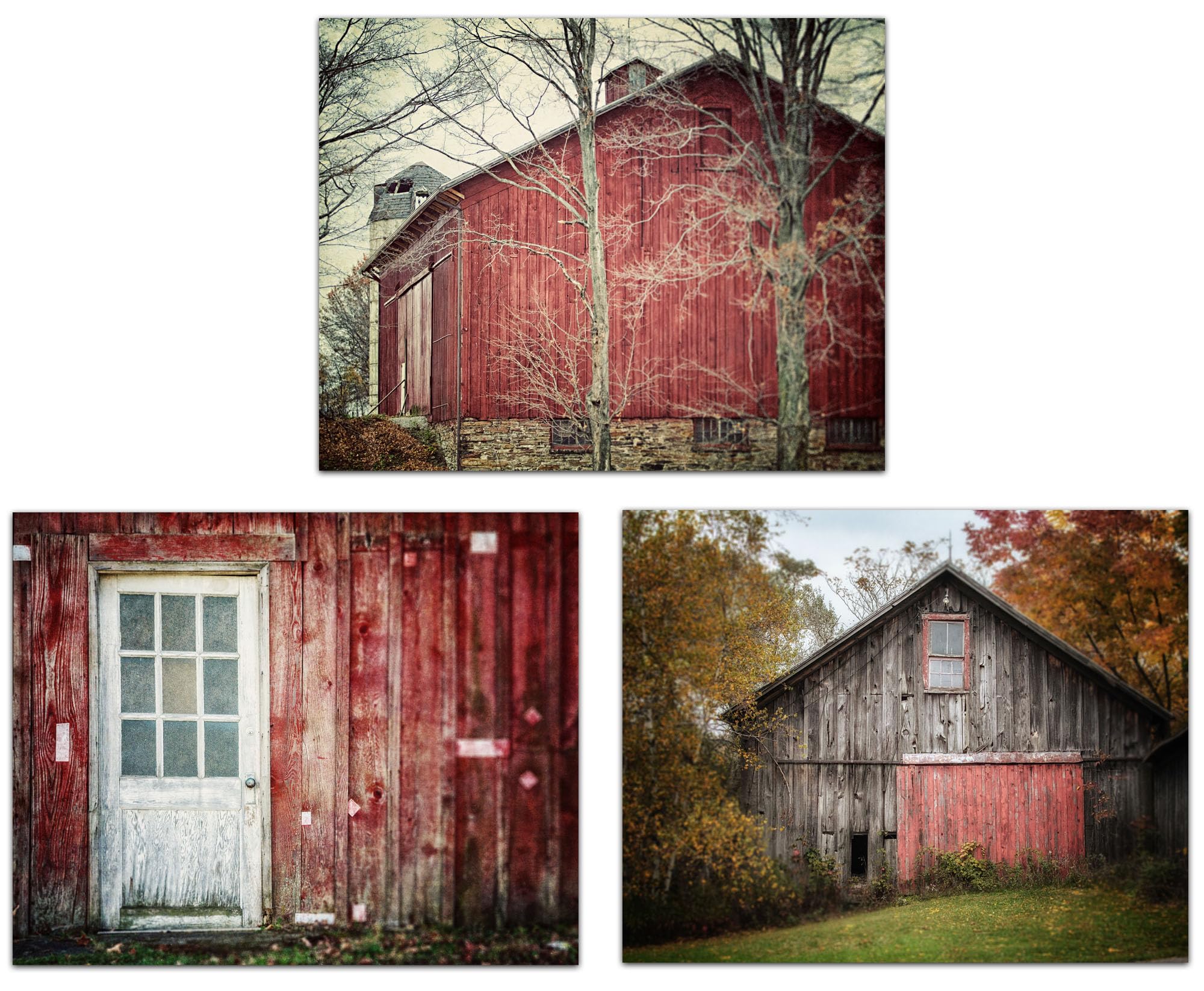 Red Farmhouse Wall Decor Set of 3 - 16x20” Rustic Barn Landscape Prints - Unframed Country Art for Living Room, Kitchen or Office - Perfect for Farmhouse, Cottage & Country Home Decor