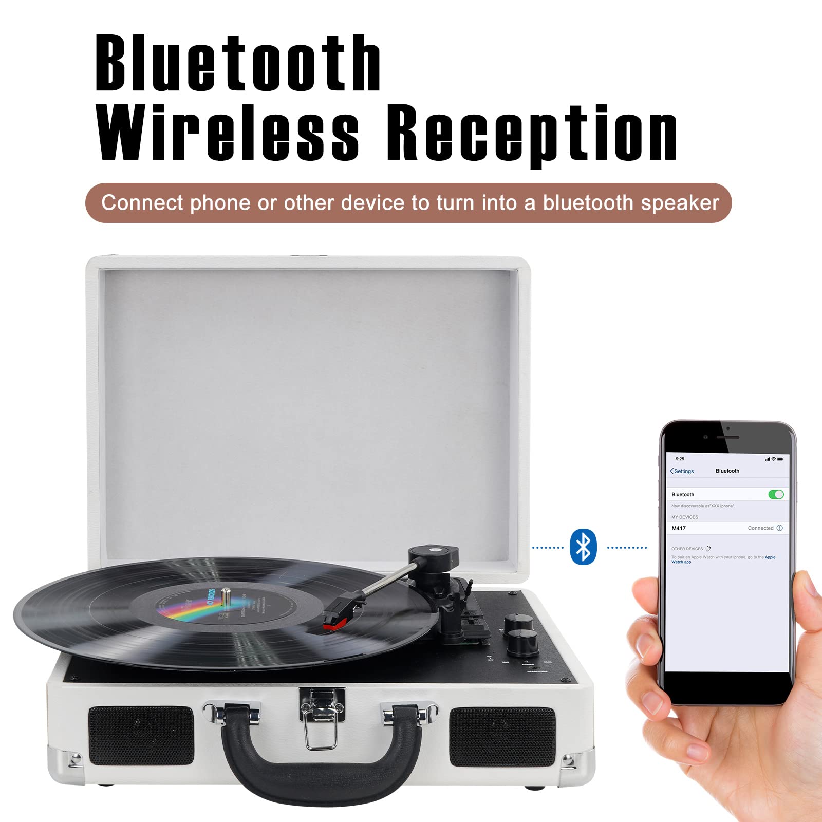 Mersoco 3-Speed Wireless Bluetooth Turntable with Built-in Speakers, RCA Output & AUX Input - Perfect for Home, Office, and Vintage Music Lovers