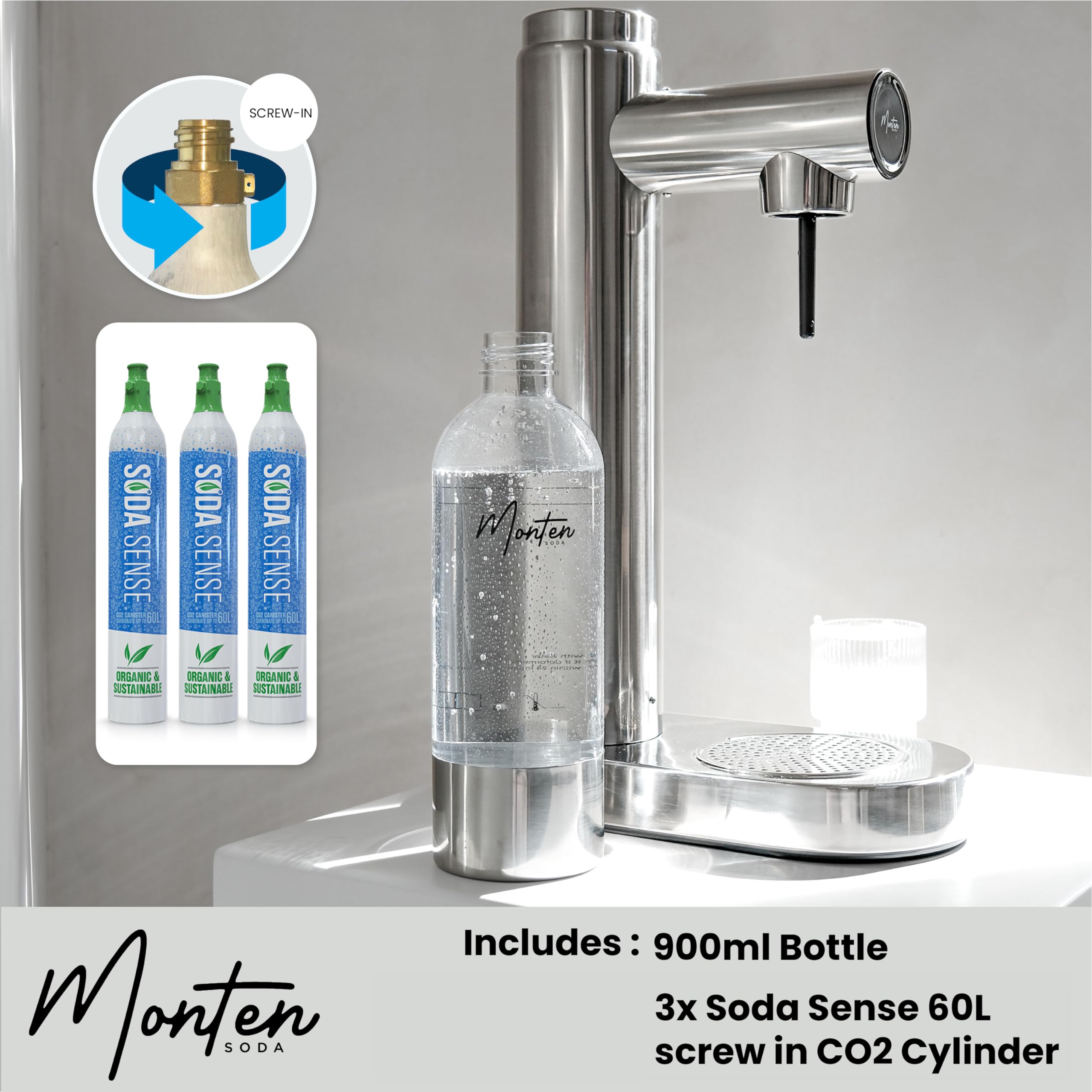 Premium Stainless Steel Sparkling Water Maker Machine - Includes 3 x 60L SodaSense CO2 Cylinders & 900ML Reusable PET Bottle - Eco-Friendly Home Carbonation System for Healthy Drinks - Perfect for Kitchen, Office, Parties & Gifts