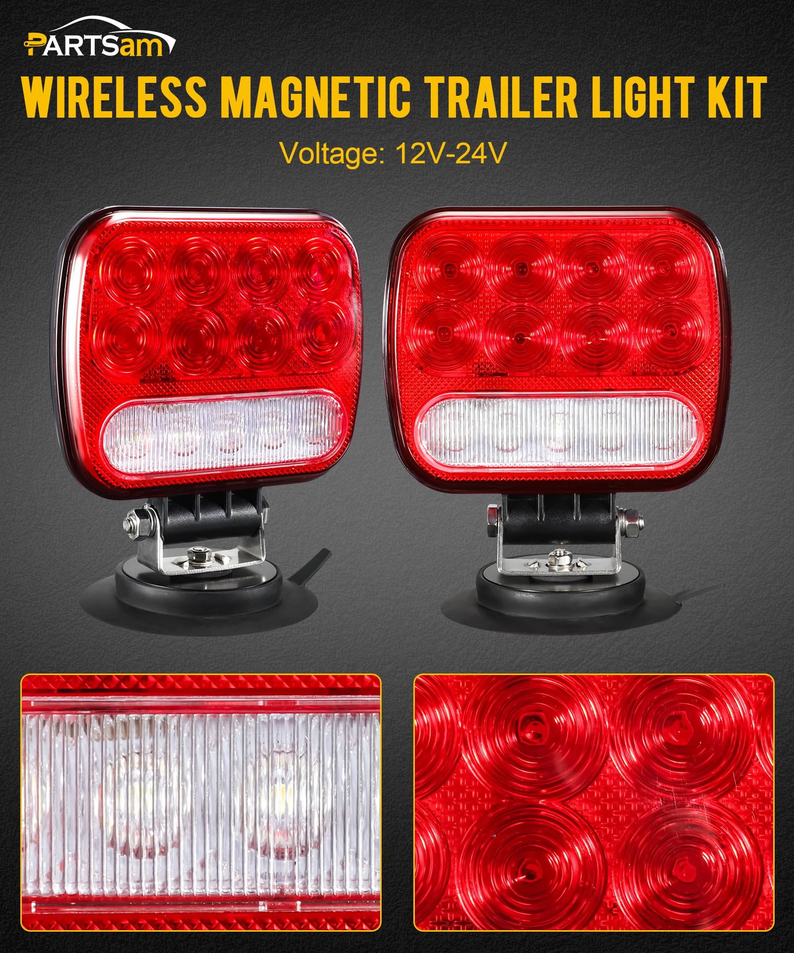 Partsam LED Magnetic Towing Tail Light Kit - Wireless LED Trailer Lights with Red+Clear Lens, 7-Pin Plug & Dual USB Charger - Universal Stop/Turn/Running/Backup Lights for Trucks & Trailers (12-24V) - Perfect for Night Towing, Camping & Roadside Safety