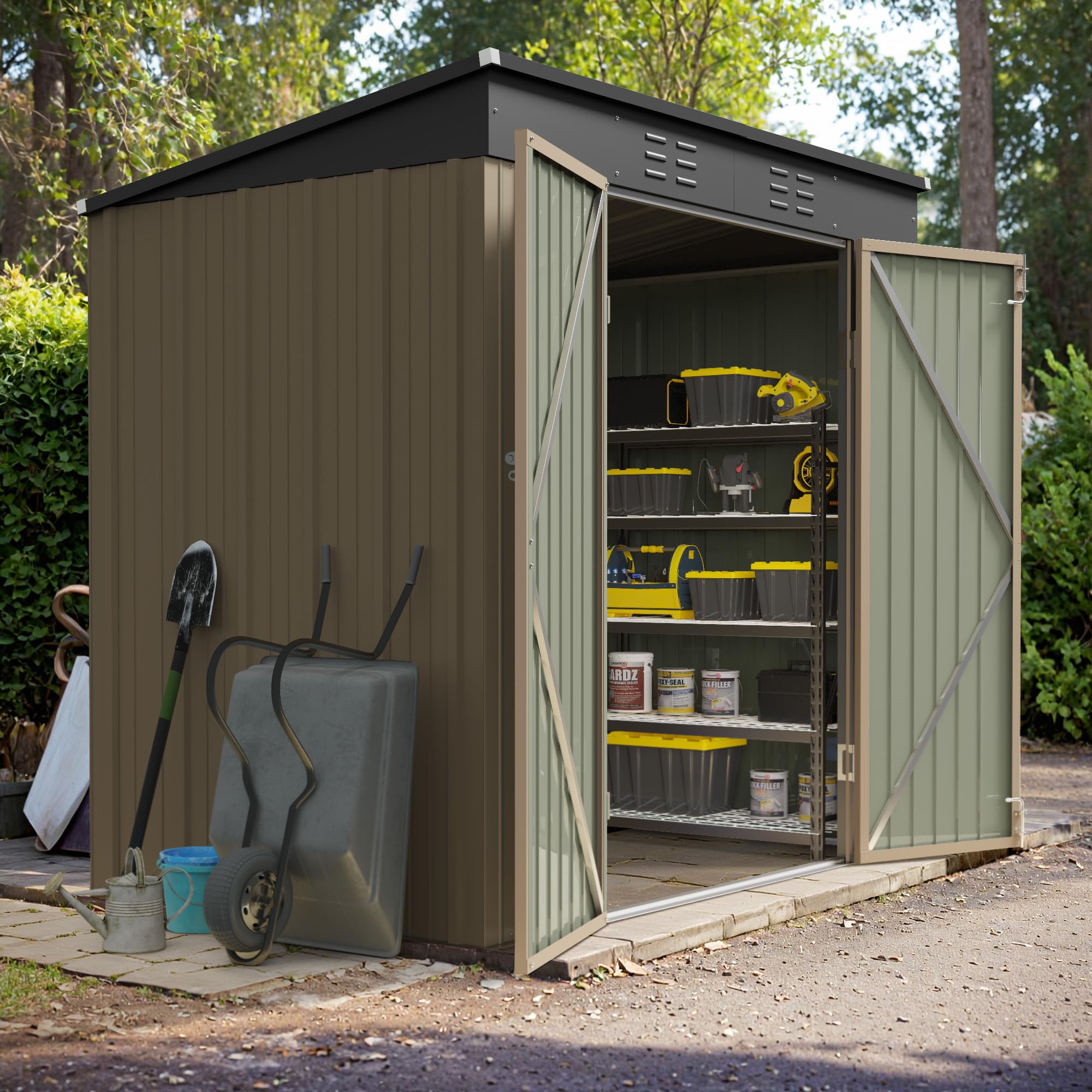 Devoko 6x8 FT Outdoor Metal Storage Shed - Garden Tool Shed with Sloped Roof for Patio, Lawn & Backyard Organization (Brown) | Perfect for Storing Lawn Mowers, Bikes & Seasonal Items