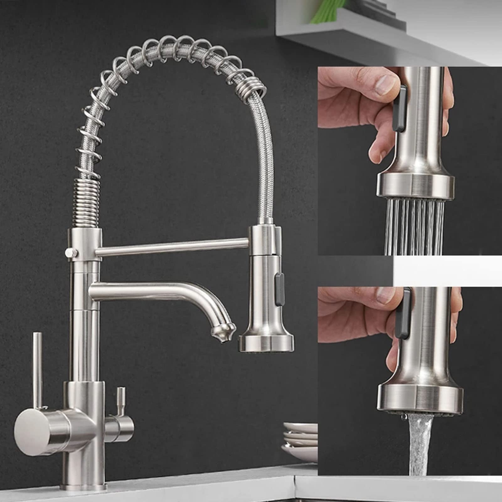 Premium Brushed Nickel Double Handle Kitchen Sink Faucet with Hot/Cold Water Mixer & Pure Water Nozzle - 360° Swivel Spout for Modern Home Cooking and Dishwashing