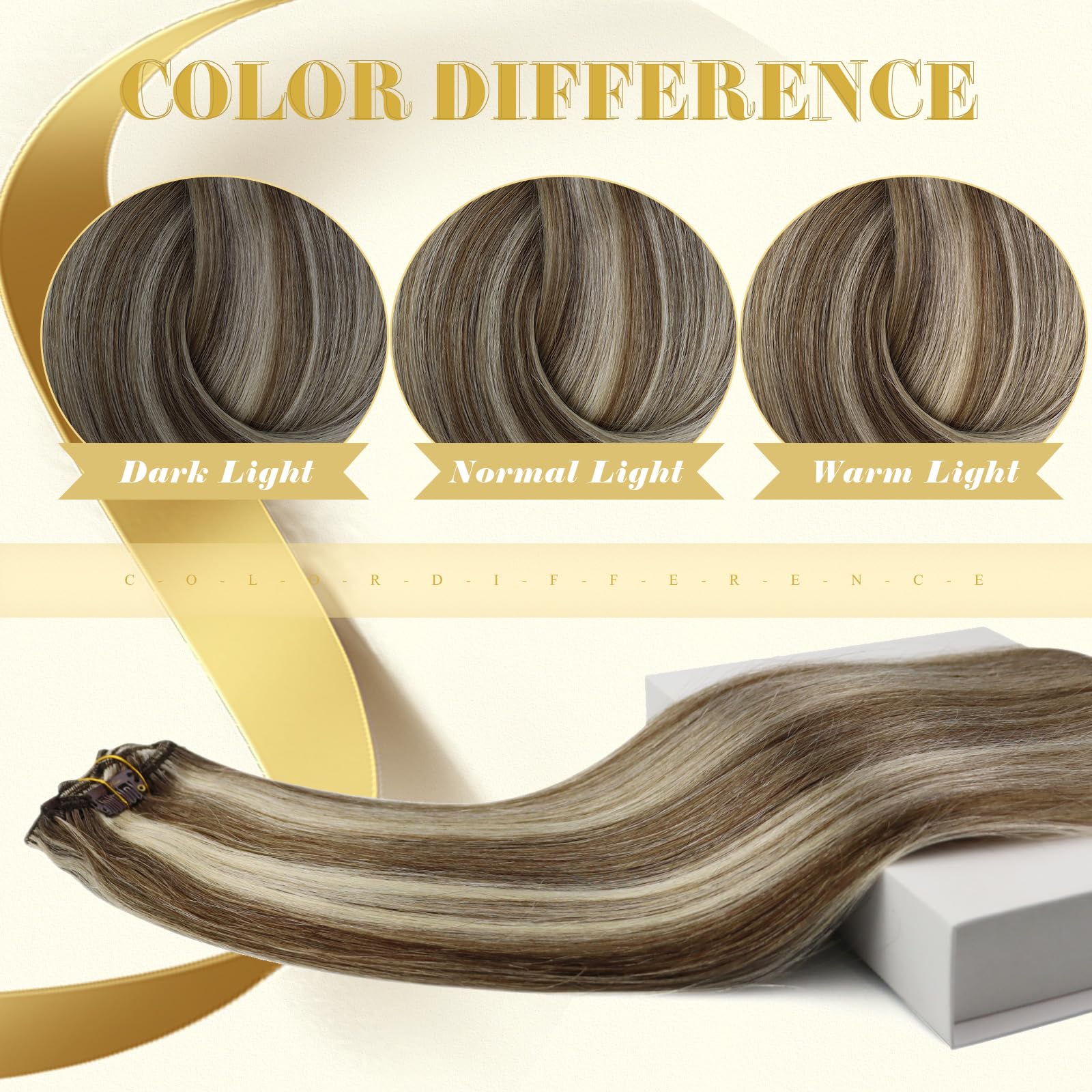 Ve Sunny 24 Inch Clip-in Human Hair Extensions - Remy Hair, Brown Blonde with Light Brown & Platinum Blonde Highlights (7pcs, 120g) for Everyday Styling & Special Occasions