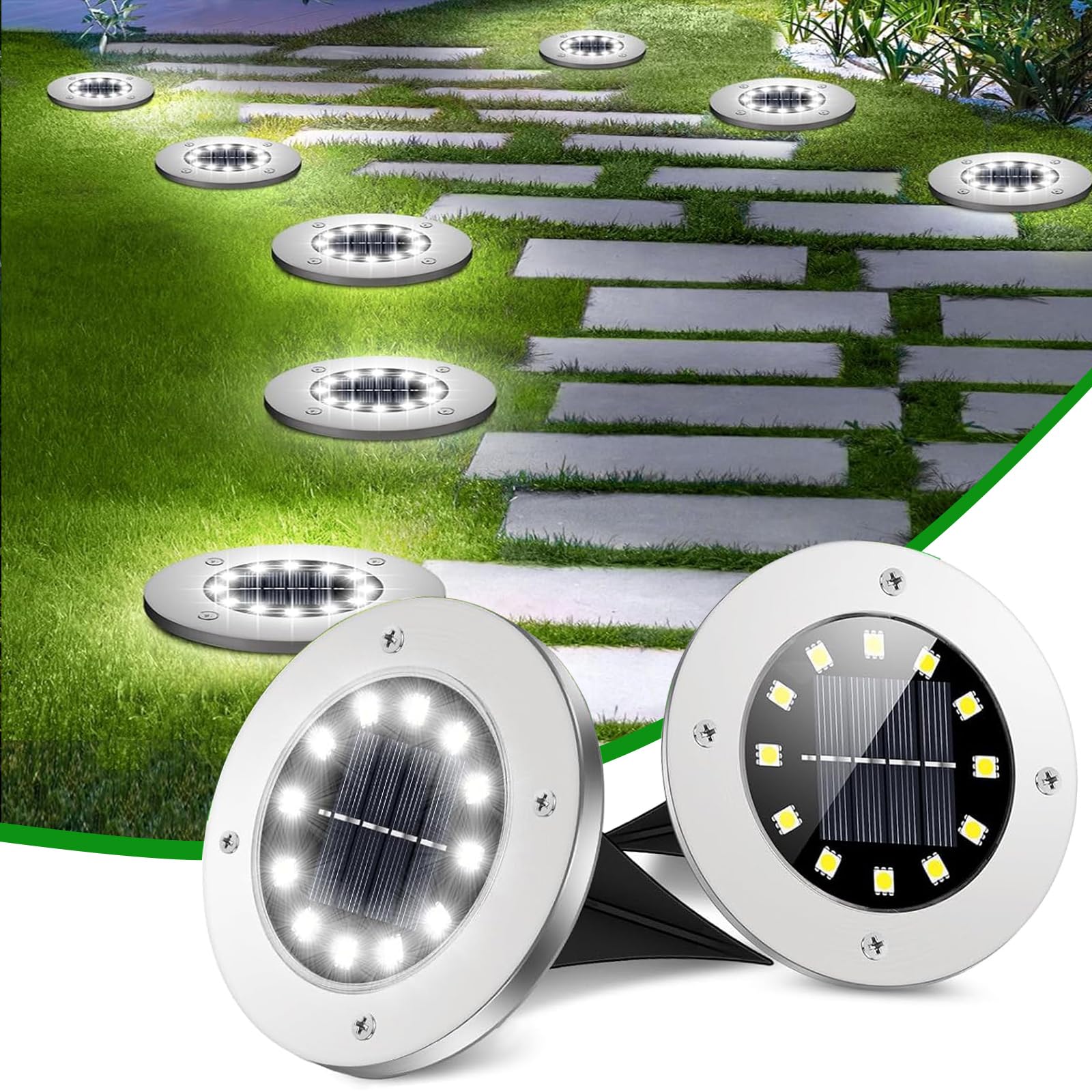 Coroor Solar Ground Lights - 12 LED Waterproof Outdoor Garden Lights, Bright Solar Disk Lights for Pathway, Yard, Lawn, Patio, Walkway & Pool - Weatherproof Landscape Lighting (8 Pack, White) - Perfect for Evening Garden Illumination and Outdoor Decor