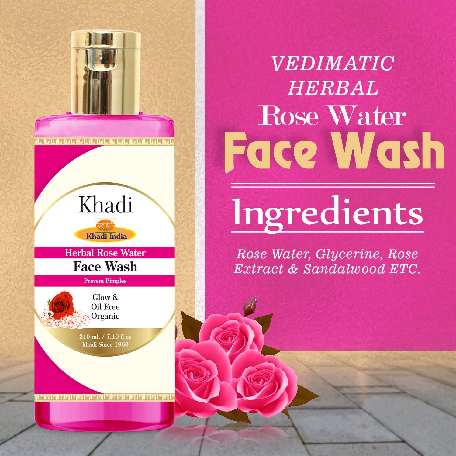 Khadi Herbal Rose Water Face Wash - 210ml (Pack of 4) | Natural & Organic Cleanser for Glowing Skin | Perfect for Daily Skincare Routine & Makeup Removal