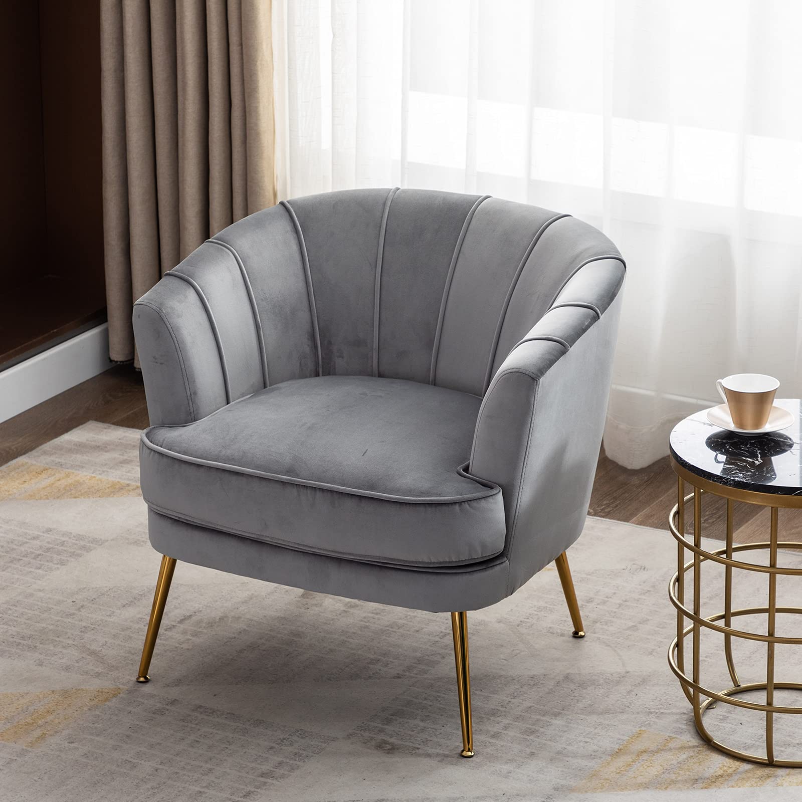 Velvet Barrel Chair with Golden Legs - Tufted Accent Armchair for Living Room & Bedroom