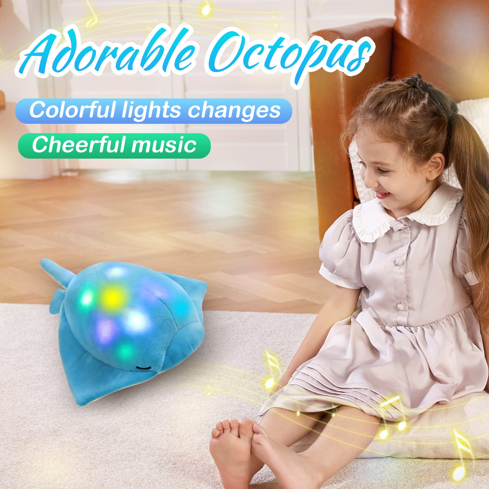 Glow Guards 12’’ Ray Blue LED Musical Stuffed Sea Animal Plush Toy - Soft Glow in The Dark Night Light with Lullabies, Perfect Christmas & Birthday Gift for Toddlers & Kids | Bedtime Companion & Nursery Decor