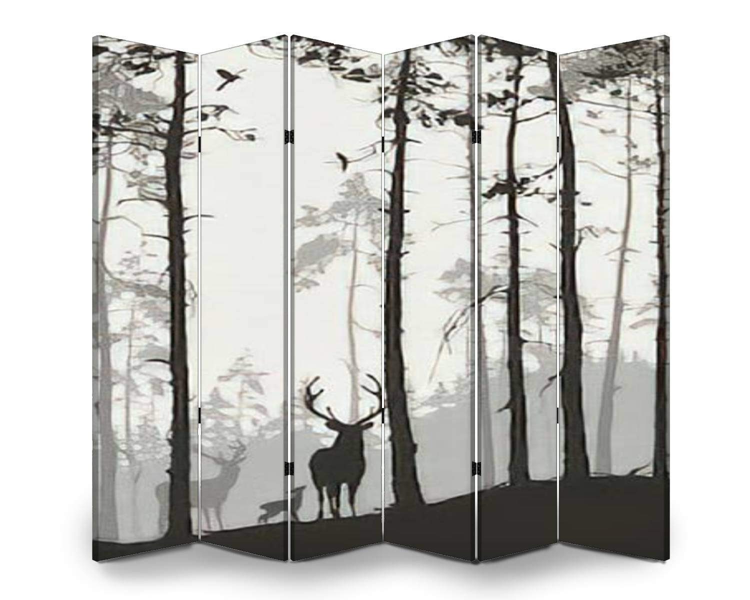 Brown Wooden Folding Screen Room Divider - Pine Forest Silhouette with Deer & Birds Family - 6-Panel Canvas Privacy Partition for Home & Office - Perfect for Living Room, Bedroom, and Studio Decor