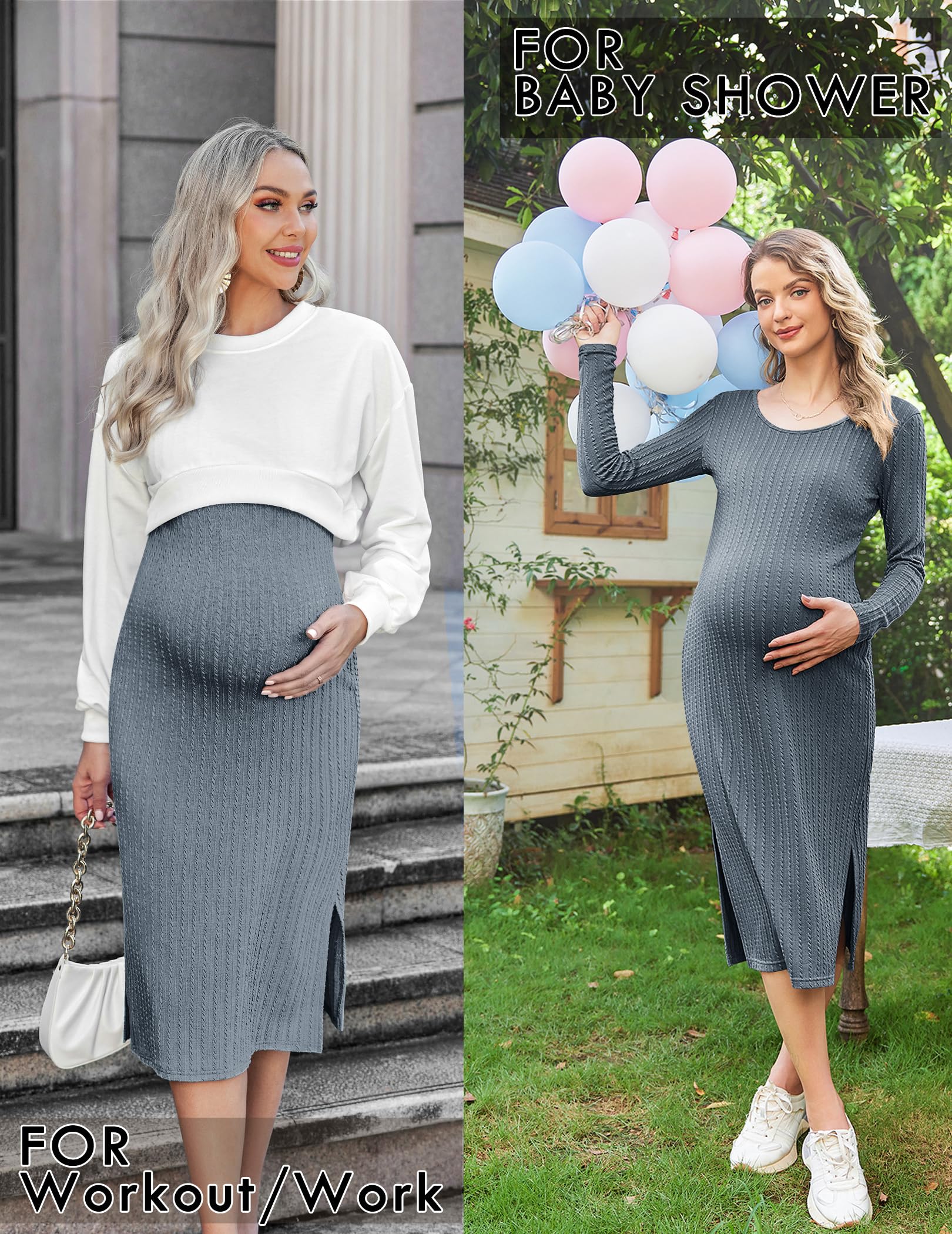 Ekouaer Maternity Dress - Soft Rib Knit Long Sleeve Bodycon Dress with Side Slit for Pregnancy & Baby Shower | Comfortable Nursing Clothes for Expecting Moms S-XXL | Perfect for Maternity Photos, Baby Showers & Everyday Wear
