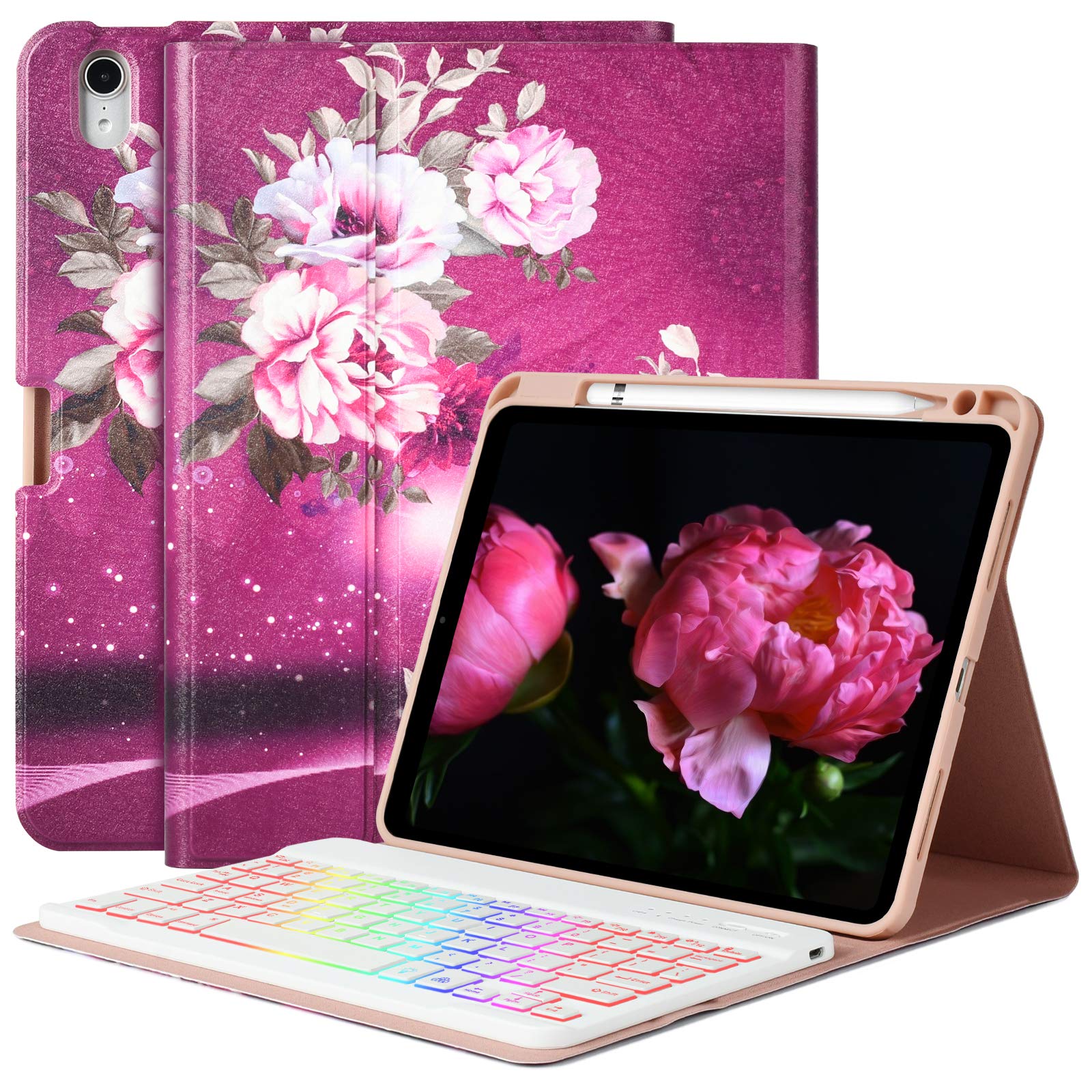 iPad Air 5th Generation Case with Bluetooth Keyboard - 7 Color Backlit, Detachable & Pencil Holder | Compatible with iPad 10.9
