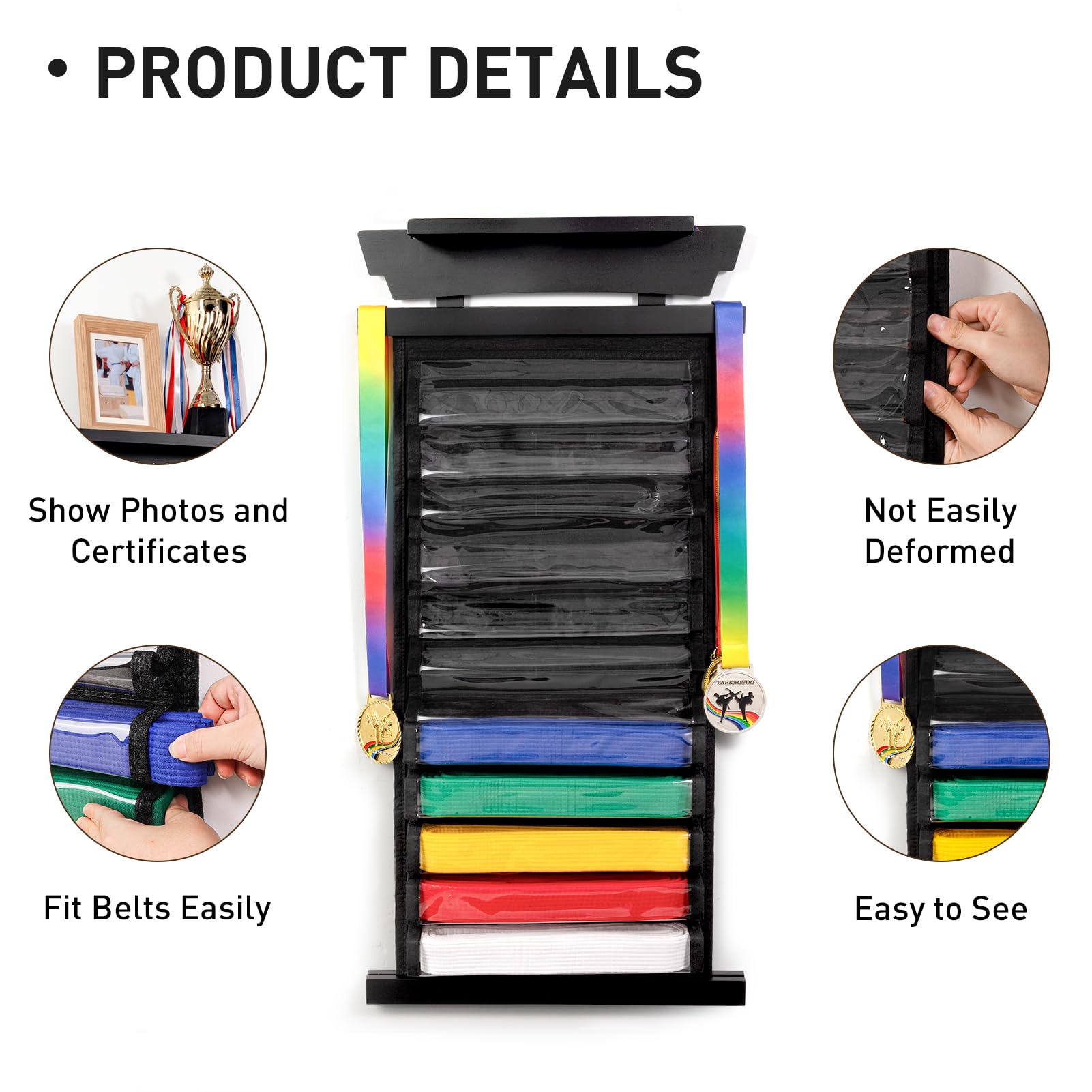 Tilhumt 12 Belts Karate Belt Display Rack with Stickers - Taekwondo Belt Organizer with Trophy & Photo Holder - Felt Dustproof Martial Arts Belt Stand for Kids & Adults - Perfect for Dojo, Gym & Home Decor