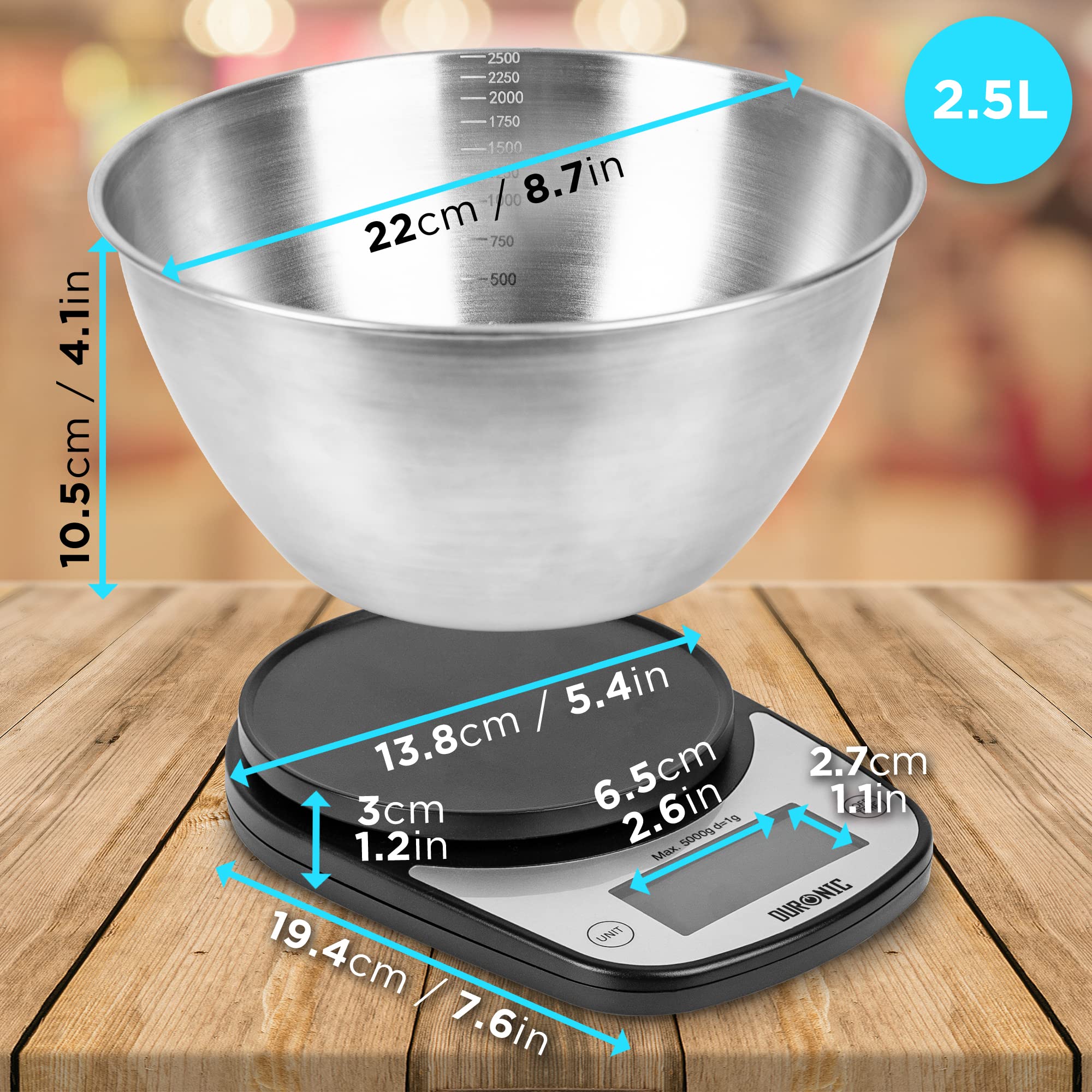 Duronic KS5000 Digital Kitchen Scale with Bowl - Precision Weighing Scale for Cooking, Baking, Pet Food & Postal Use - Backlit LCD Display | Perfect for Home Kitchens, Bakeries & Meal Prep