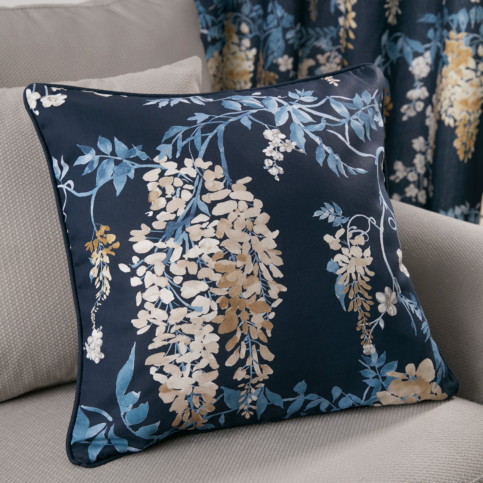 Dreams & Drapes Wisteria Floral Throw Pillow Cover - Navy Blue Decorative Cushion for Sofa, Bed, Living Room & Home Decor