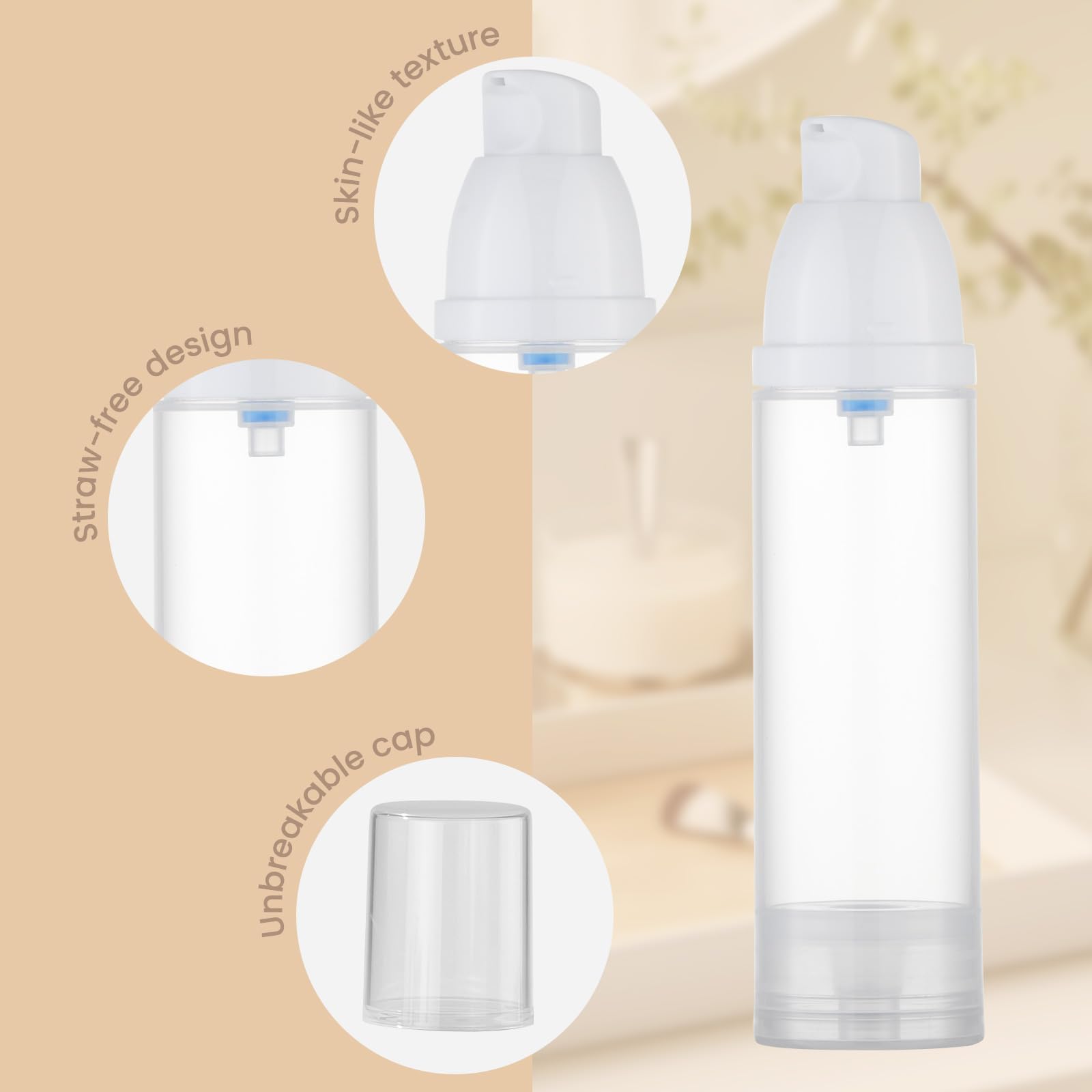 Airless Pump Bottles for Travel - 1.7 oz Empty Plastic Lotion Dispenser, Mini Vacuum Cream Jar & Shampoo Container (White) - Perfect for Toiletries, Skincare & Cosmetics On-The-Go