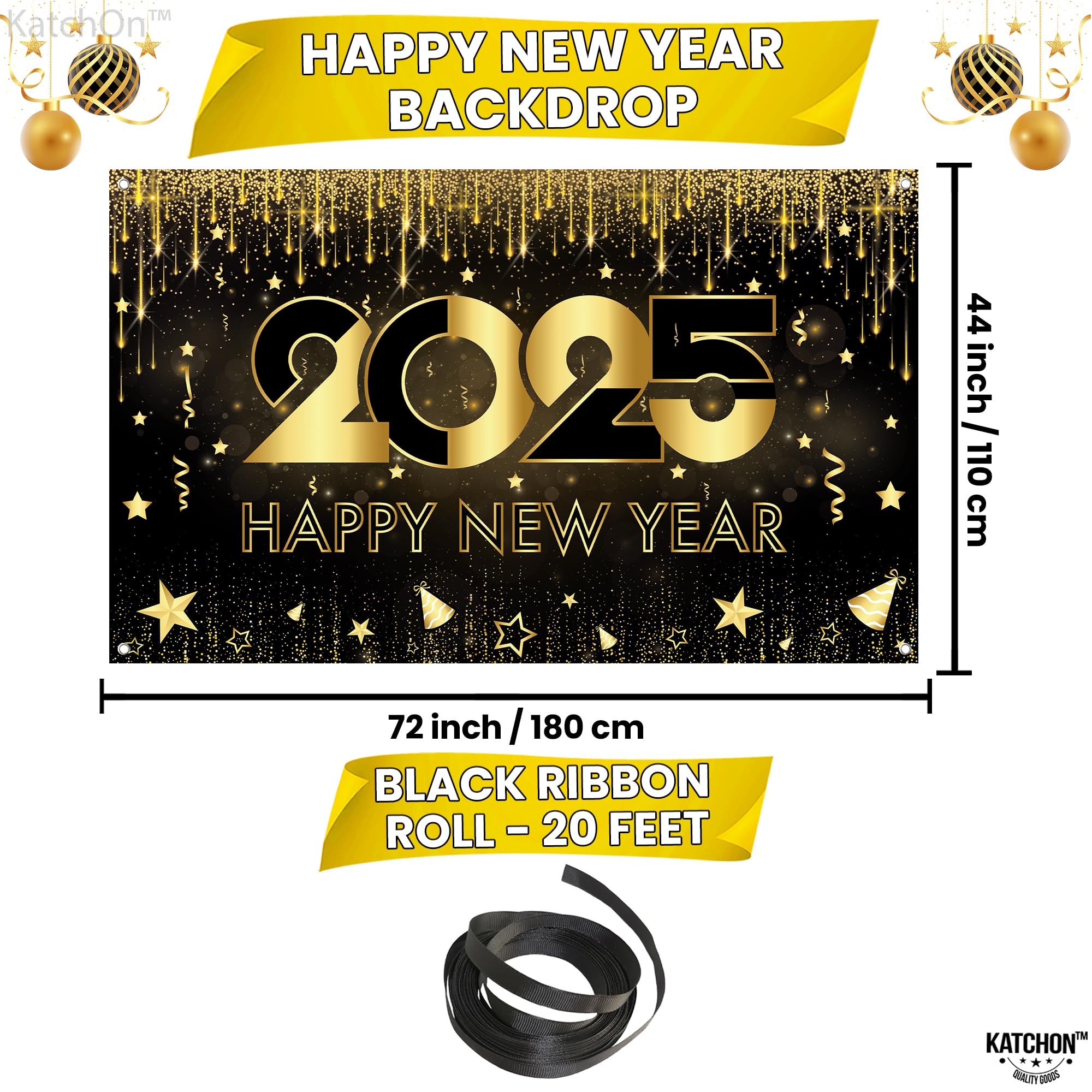 KatchOn Extra Large Happy New Year Banner - 72x44 Inch | 2025 New Year's Backdrop & Party Decorations | NYE Celebration Supplies for Home, Office & Events | Perfect for New Year's Eve Parties, Countdowns & Photo Booths