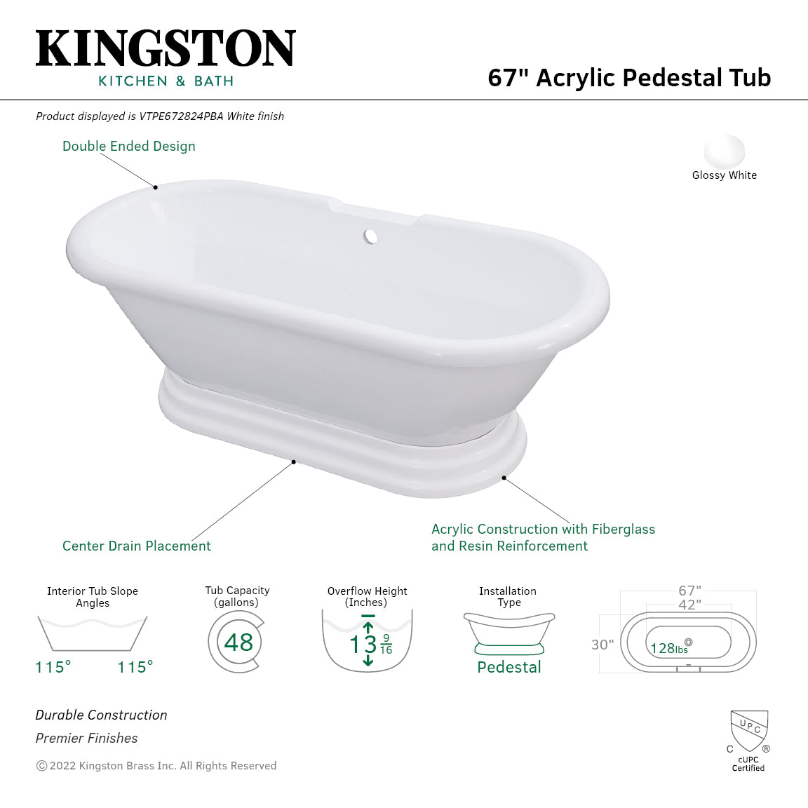 Aqua Eden 67 Inch Acrylic Oval Double Ended Freestanding Bathtub - Glossy White Pedestal Soaking Tub for Spa-Like Relaxation in Master Bathroom