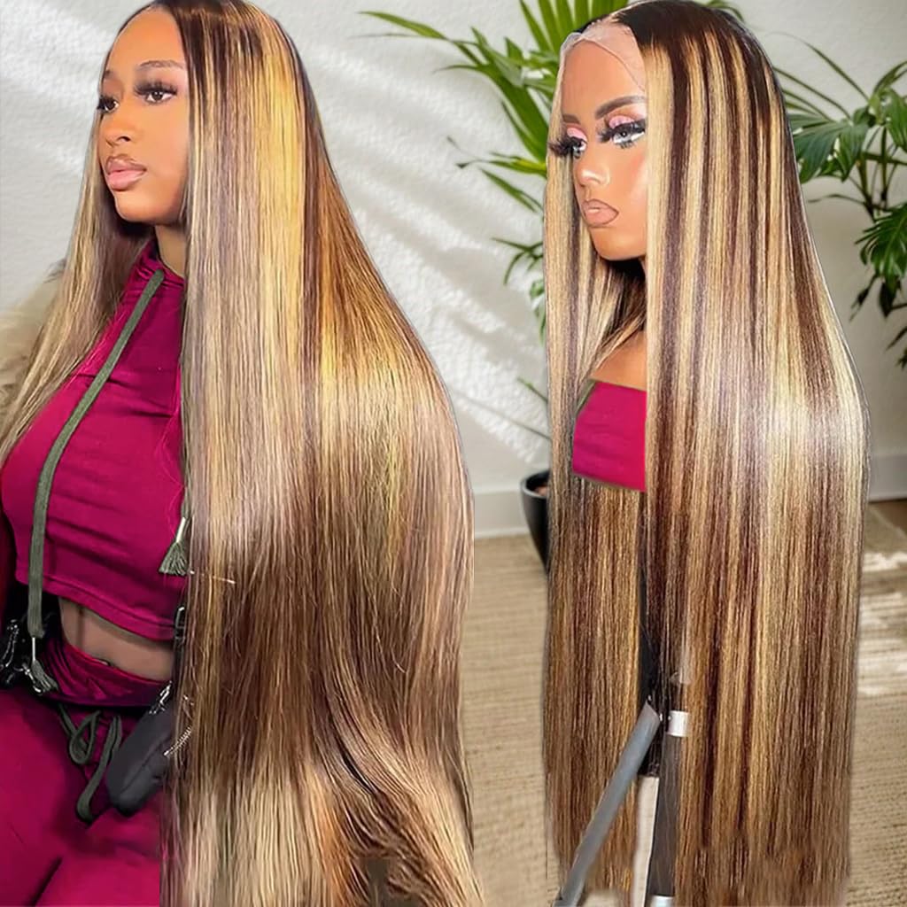 ALLRUN 13x6 HD Lace Front Wig Human Hair - Pre-Plucked Straight Highlight Ombre Honey Blonde Wig with Baby Hair (24 Inch) | Perfect for Daily Wear, Cosplay, Parties & Special Occasions