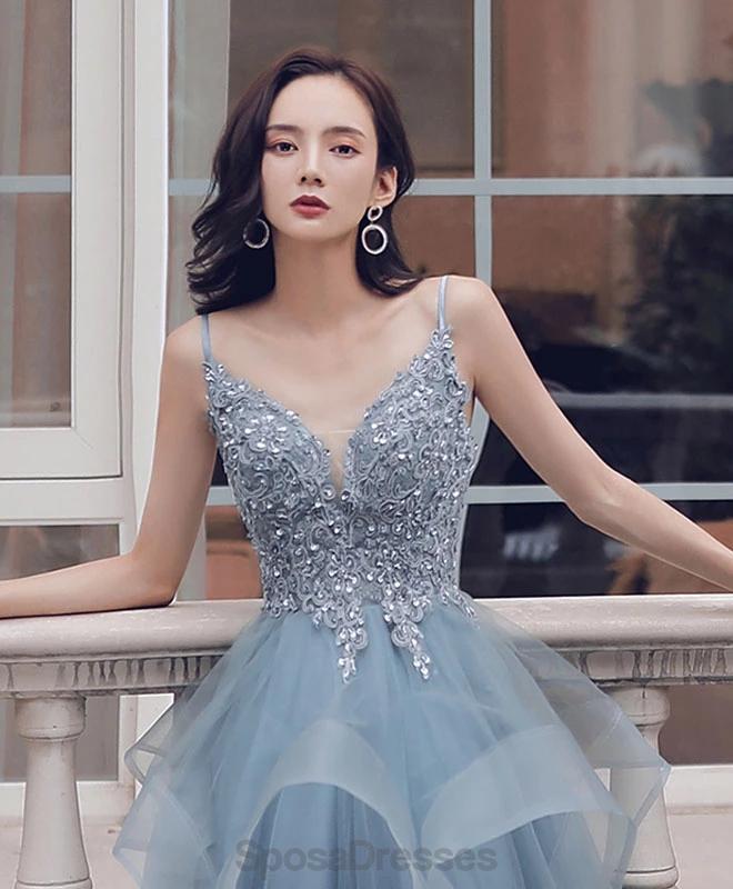 Elegant Dusty Blue V-Neck Spaghetti Strap Lace Beaded Prom Dress | Formal Evening Gown for Homecoming, Wedding, Party | Style 12170