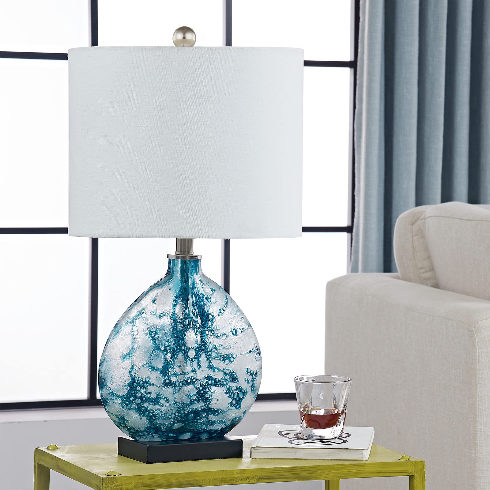 Maxax Coastal Blue Glass Table Lamp - 3-Way Dimmable Bedside Lamp with White Drum Shade for Living Room, Bedroom & Nightstand | Perfect for Coastal Decor, Reading Nook & Bedside Lighting