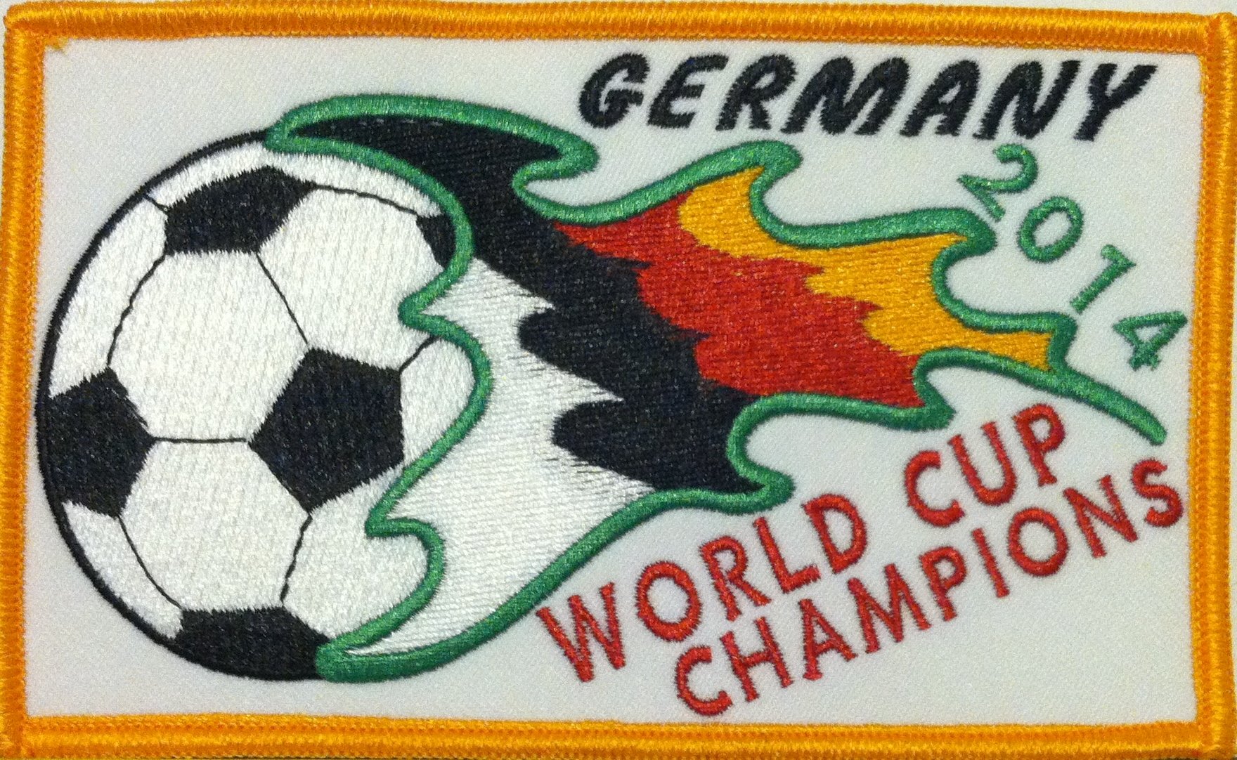 2014 Germany World Cup Champions Soccer Iron On Patch with Gold Border - Perfect for Jerseys, Jackets, Hats & Fan Collections