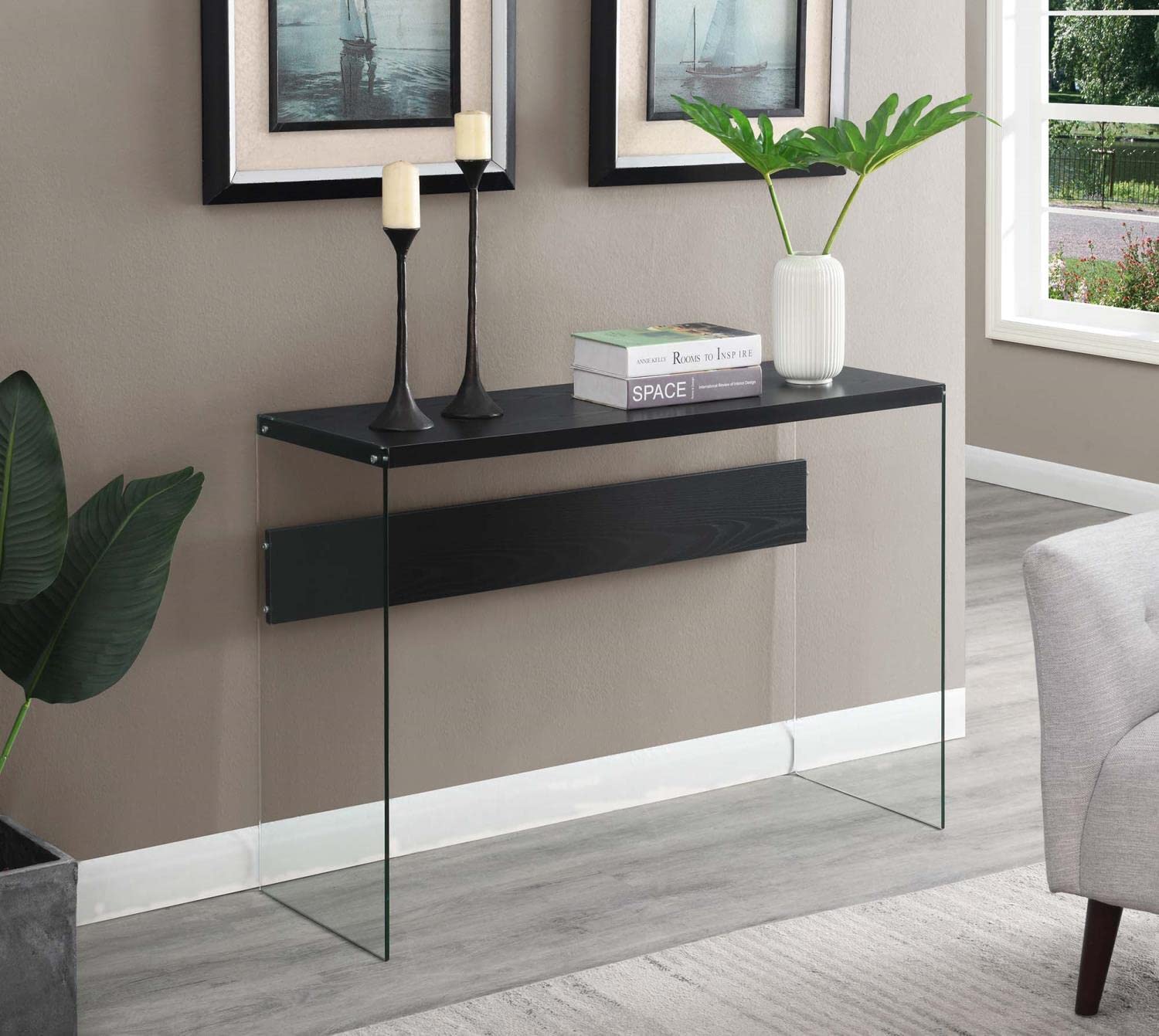 Modern Glass Console Table & Desk - Black Frame with Tempered Glass Top - Perfect for Entryway, Living Room, or Home Office Decor