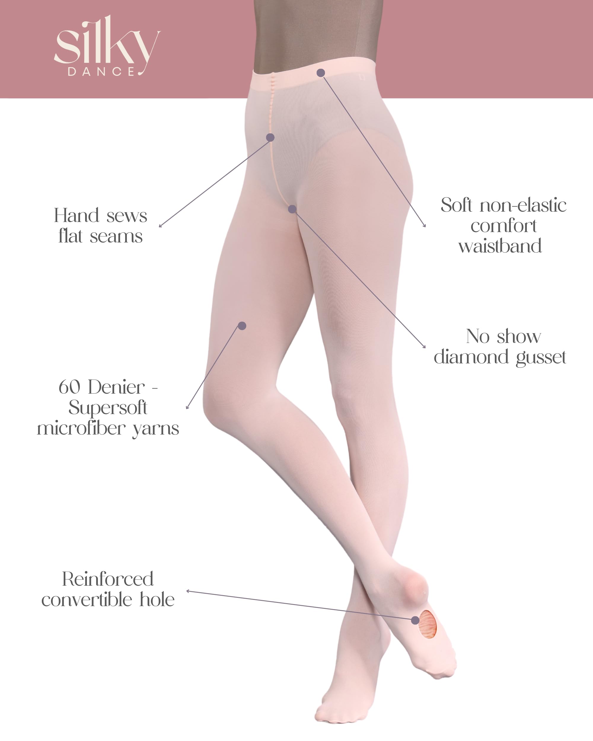Silky Dance Ballet Tights 2-Pack - Convertible, 60 Denier for Women & Kids - Perfect for Ballet Class & Performance