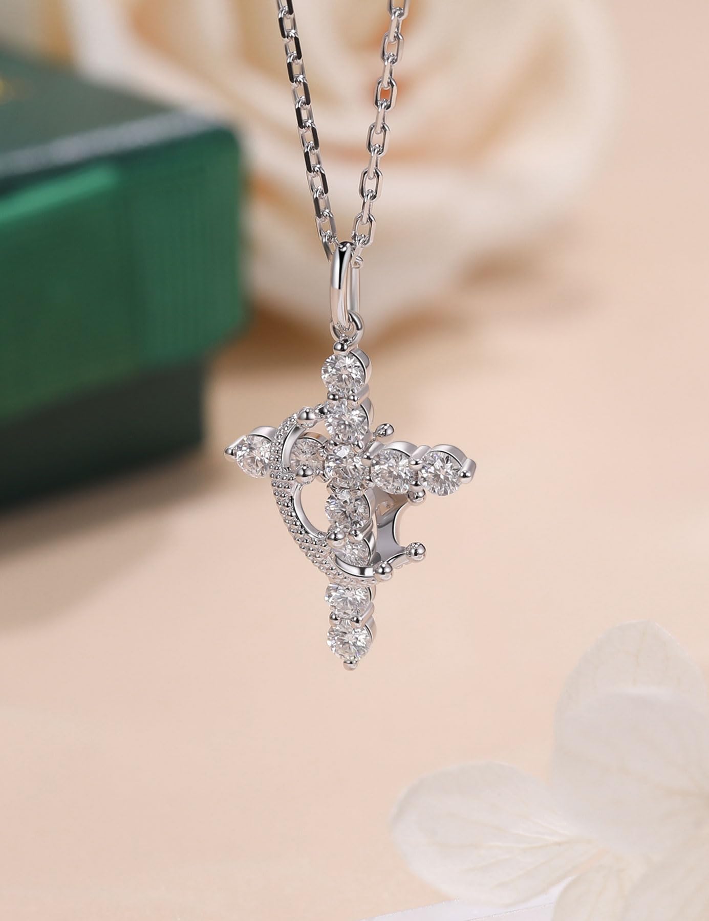 Moissanite Cross Necklace with Crown for Women - Sterling Silver Christian Faith Pendant Jewelry - Elegant Gift for Baptism, Confirmation & Religious Occasions