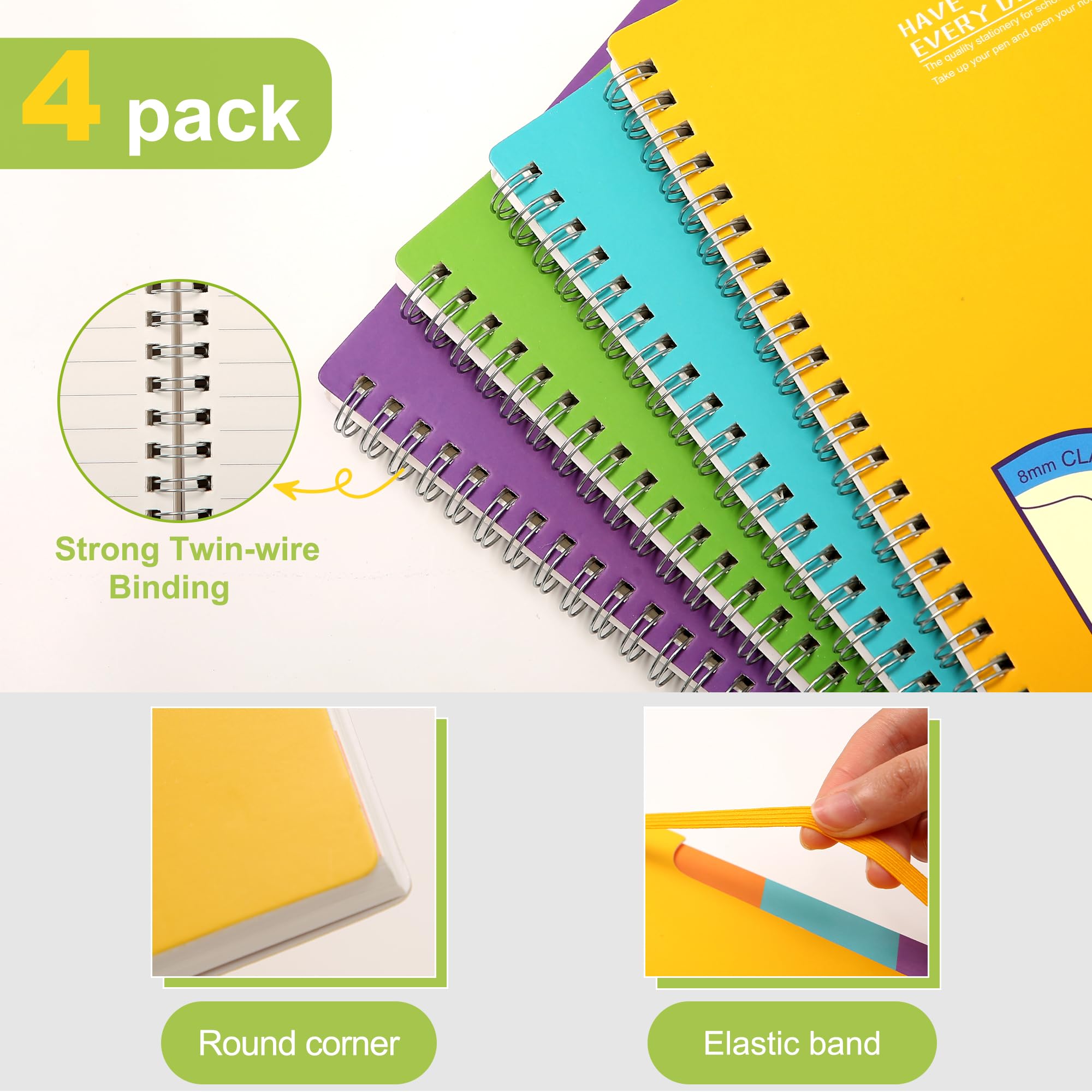 CAGIE 5x7 Spiral Notebook 4-Pack - College Ruled Lined Notebooks for School, Office & Journaling - 320 Sheets Total - 4 Subject Hardcover Small Notebook with 8 Multicolor Stickers (Yellow, Green, Blue, Purple) - Perfect for Students, Professionals & Creative Writing