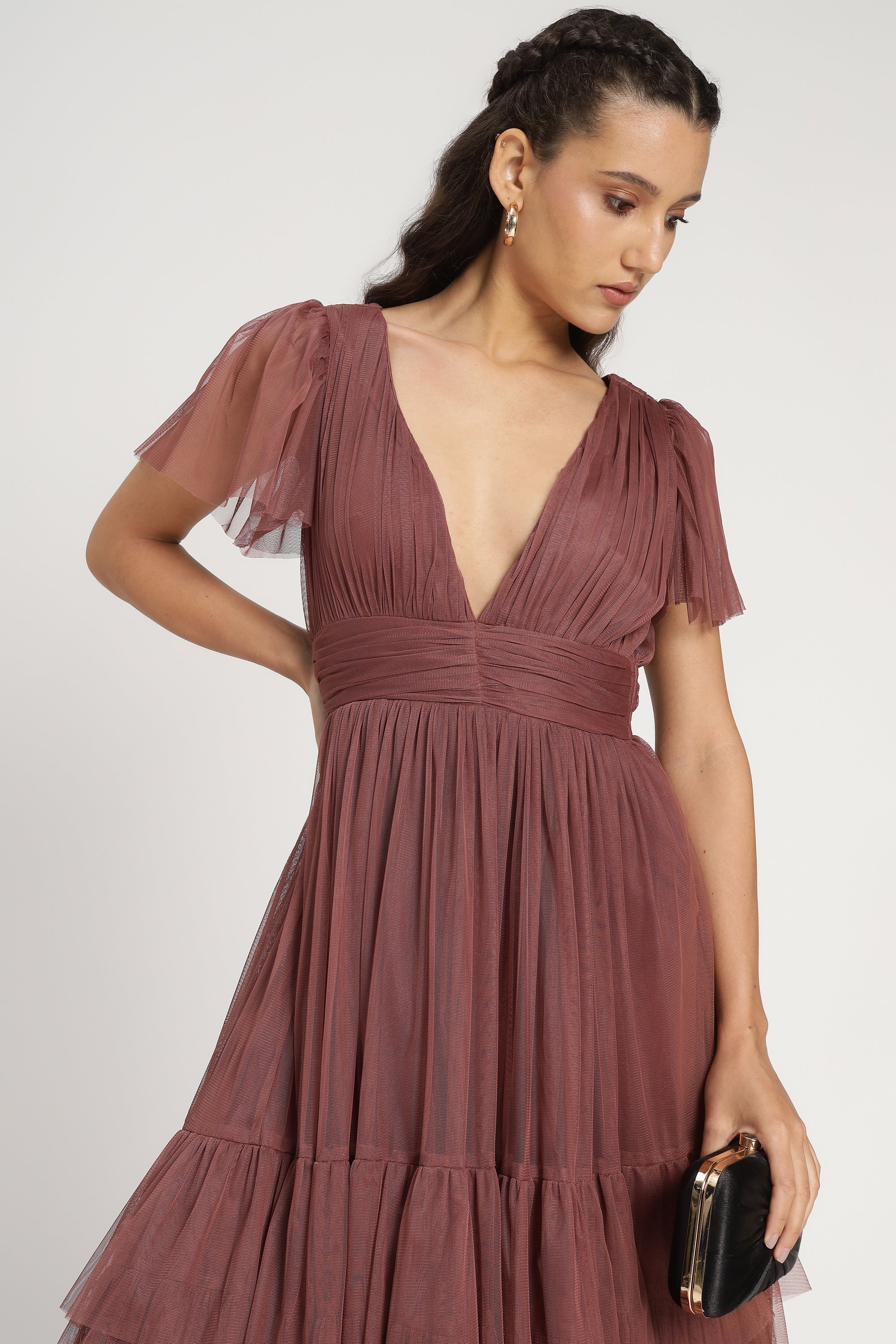 Madison Rose Brown Tulle Bridesmaid Midi Dress - Elegant Tea-Length Formal Gown for Weddings, Prom & Special Occasions