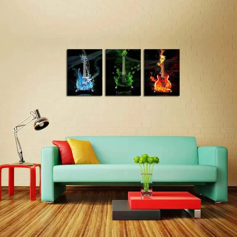 3-Piece Red, Green & Blue Guitar Painting Metal Prints - Ready to Hang Wall Art Decor for Living Room, Bedroom & Music Studio