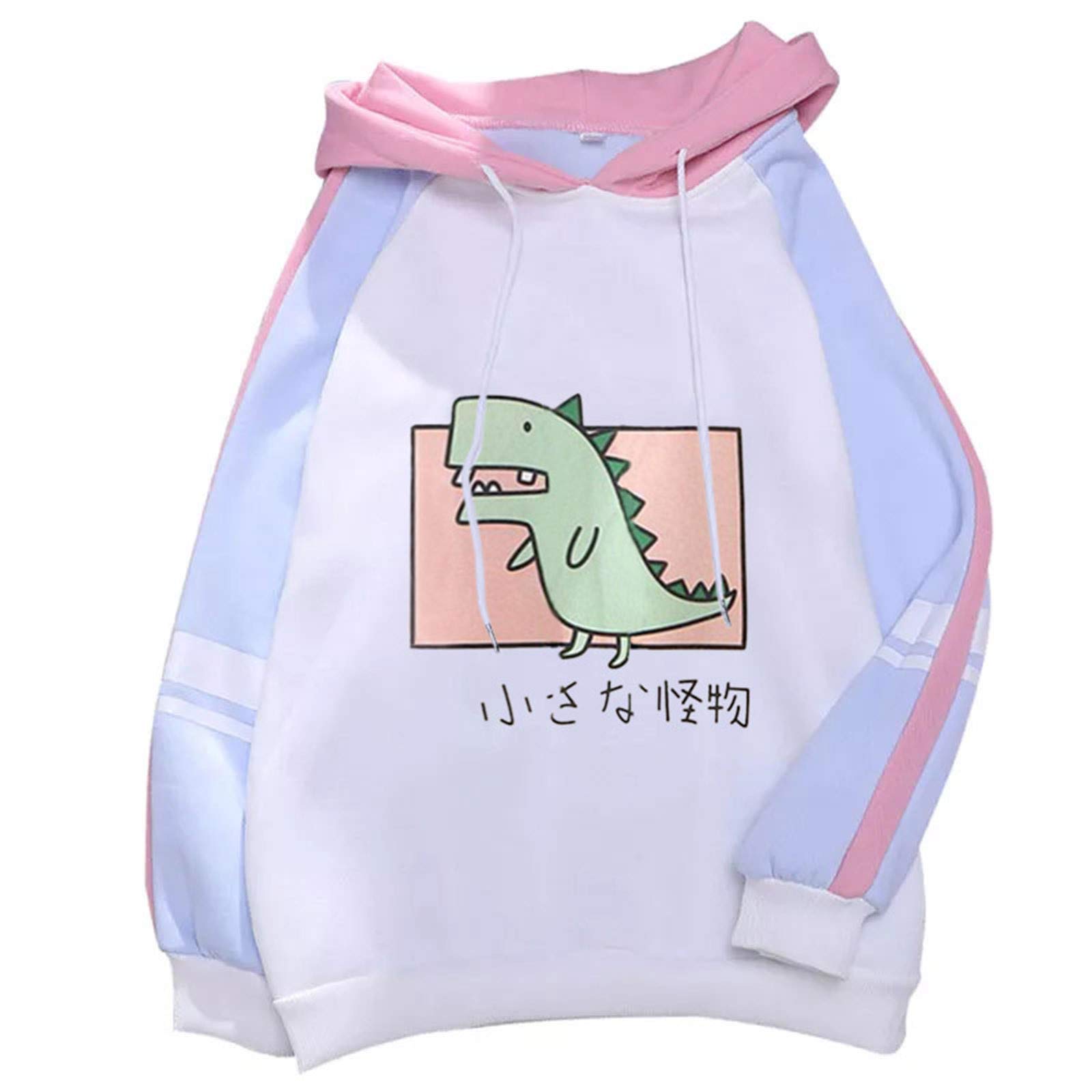 Cute Cartoon Dinosaur Print Women's Hoodie - Color Block Striped Sleeve Pullover Sweatshirt with Drawstring Hood | Casual Outfit for Streetwear, Lounge & Winter Fashion