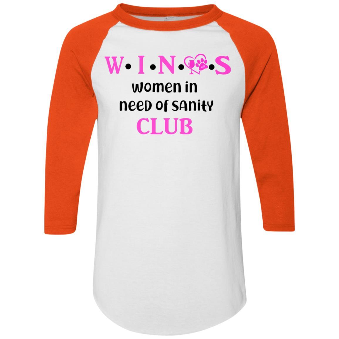 WineyBitches.Co WINOS Club Colorblock Raglan Jersey - Pink Lettering Women's Baseball Tee | Soft Cotton Blend Long Sleeve Shirt for Wine Lovers | Perfect for Wine Tasting Parties & Girls Night Out