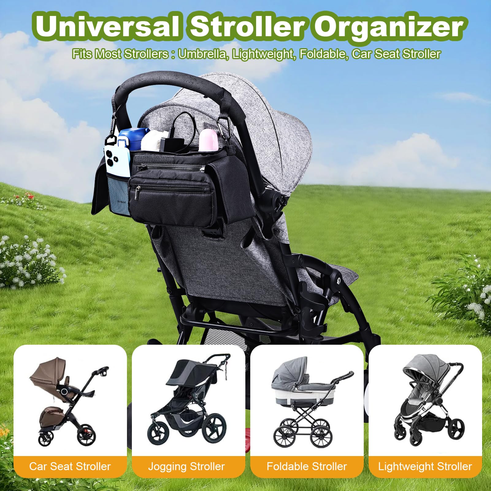 Universal Stroller Organizer & Cup Holder - Fits Doona, Evenflo Shyft Dualride, Uppababy Vista V2 & More | Perfect for Diaper Bags, Snacks & Drinks on Stroller Walks