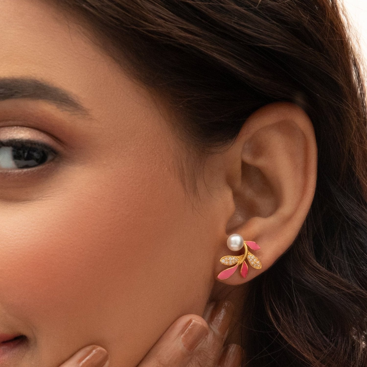Eriha Pearl Delicate Pink Leaf Stud Earrings - Dainty Floral Pearl Jewelry for Women - Perfect for Weddings, Parties & Everyday Elegance