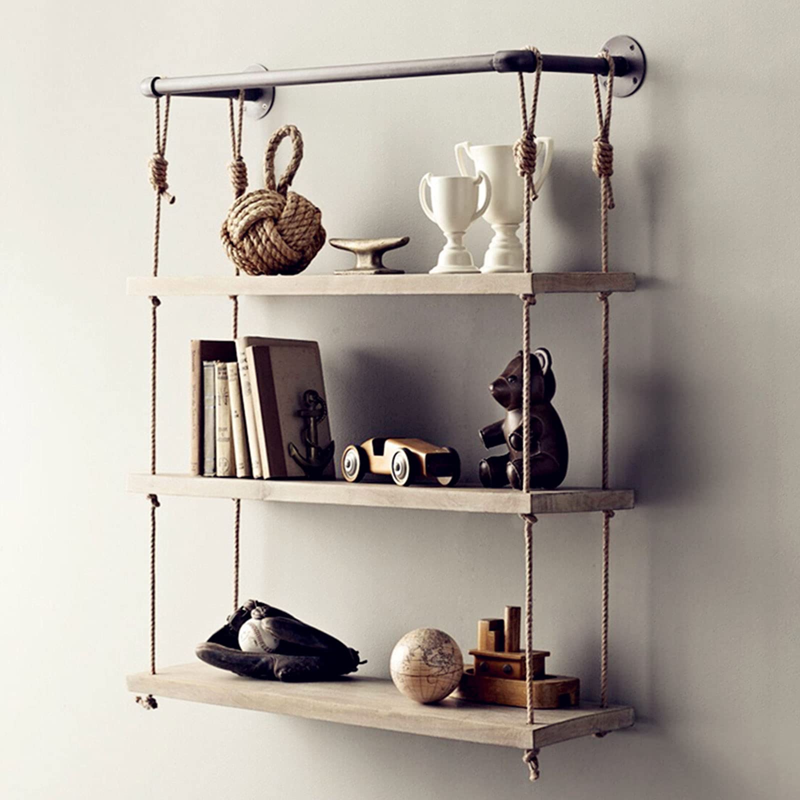 WUPYI Rustic Floating Shelf - 3 Tier Wall Mounted Hanging Storage Shelves with Rope for Home, Living Room & Office Decor | Space-Saving Display Organizer for Books, Plants & Decorative Items