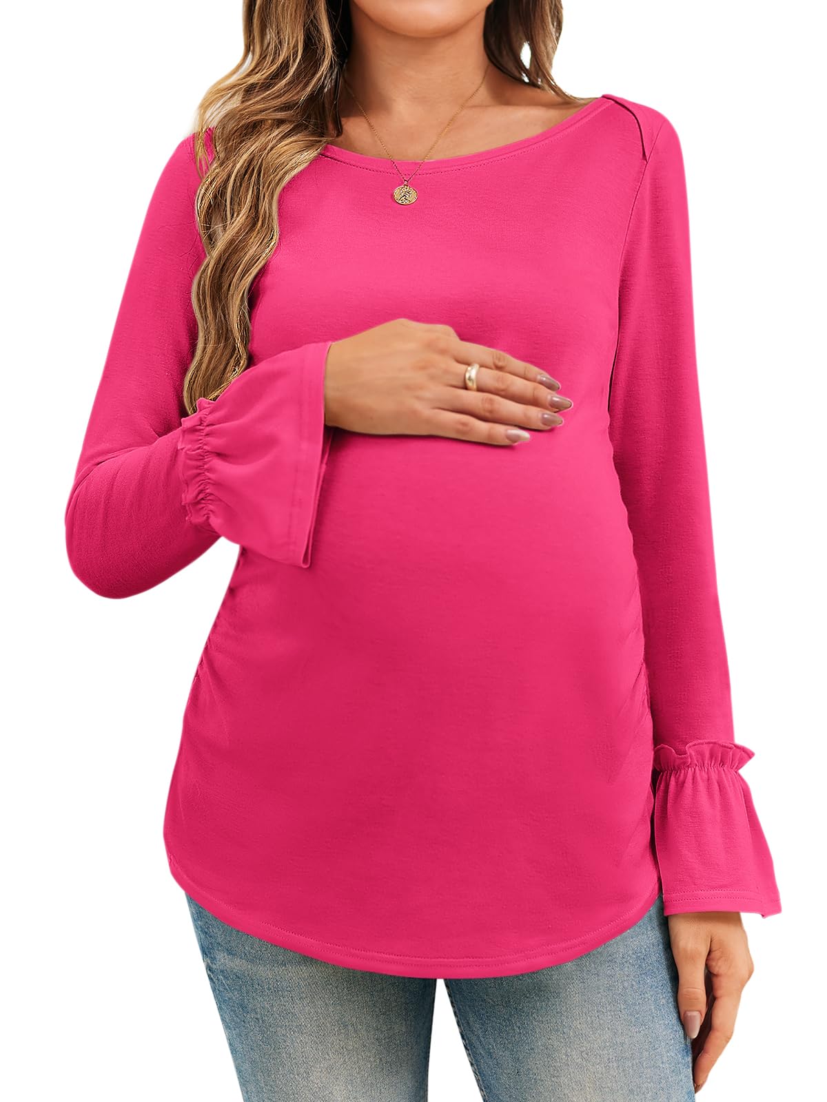 Women's Maternity Shirts - Bell Sleeve Pregnancy Tops, Casual Boat Neck Nursing Clothes for Expecting Moms | Perfect for Work, Daily Wear & Maternity Photos