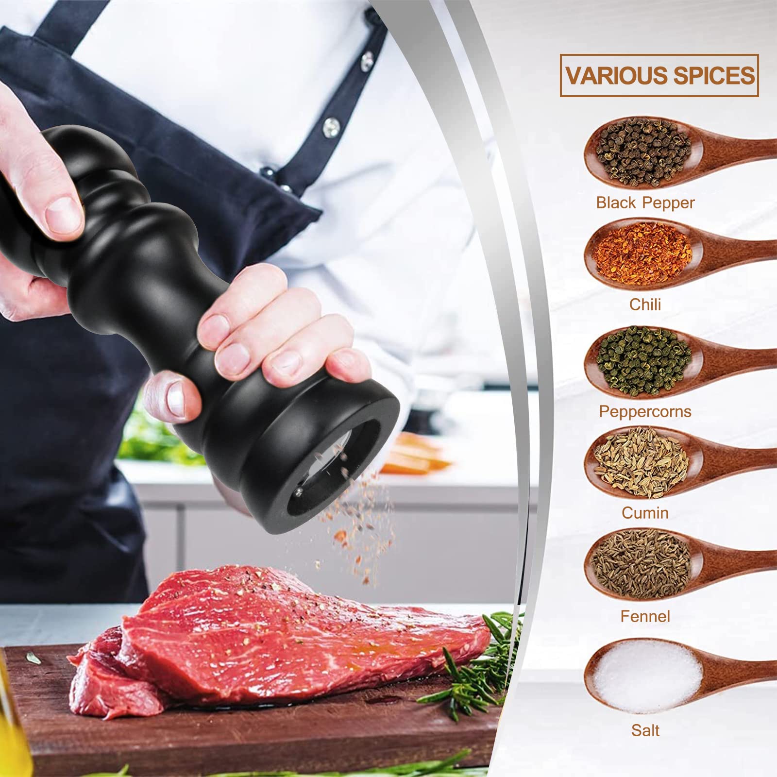 Premium 2-Piece Wooden Salt and Pepper Grinder Set - Adjustable Coarseness, Ceramic Rotor, Refillable Spice Mill - Matt Black Kitchen Essentials (16.5cm) for Home Cooking, Dining & Gourmet Seasoning