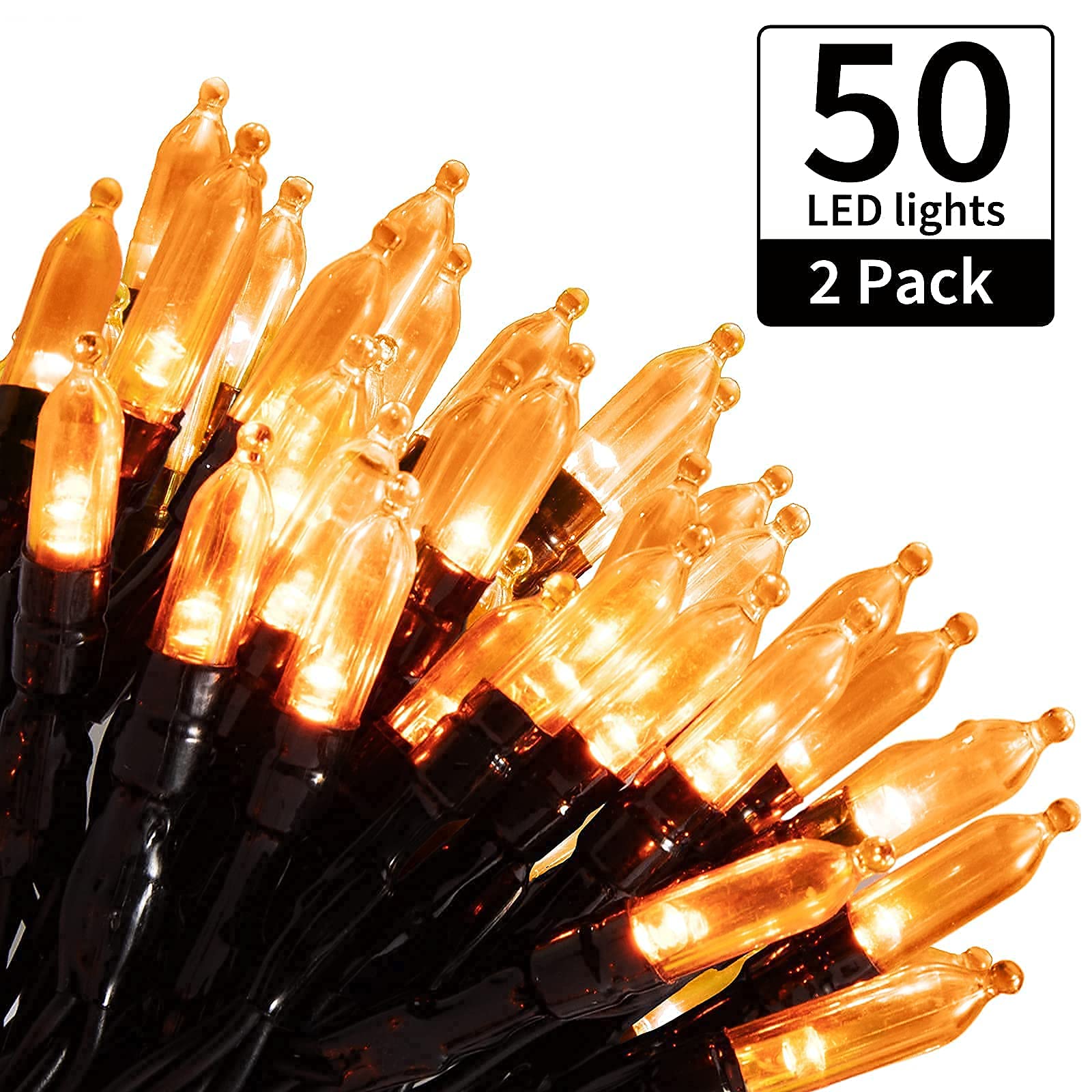 50 LED Halloween Orange String Lights Decorations - 2 Pack 17.8ft Battery Operated Mini Lights with 8 Modes, Waterproof for Indoor Outdoor Use - Perfect for Halloween Party, Christmas Tree, Patio, Holiday Decorations & Home Show Lighting