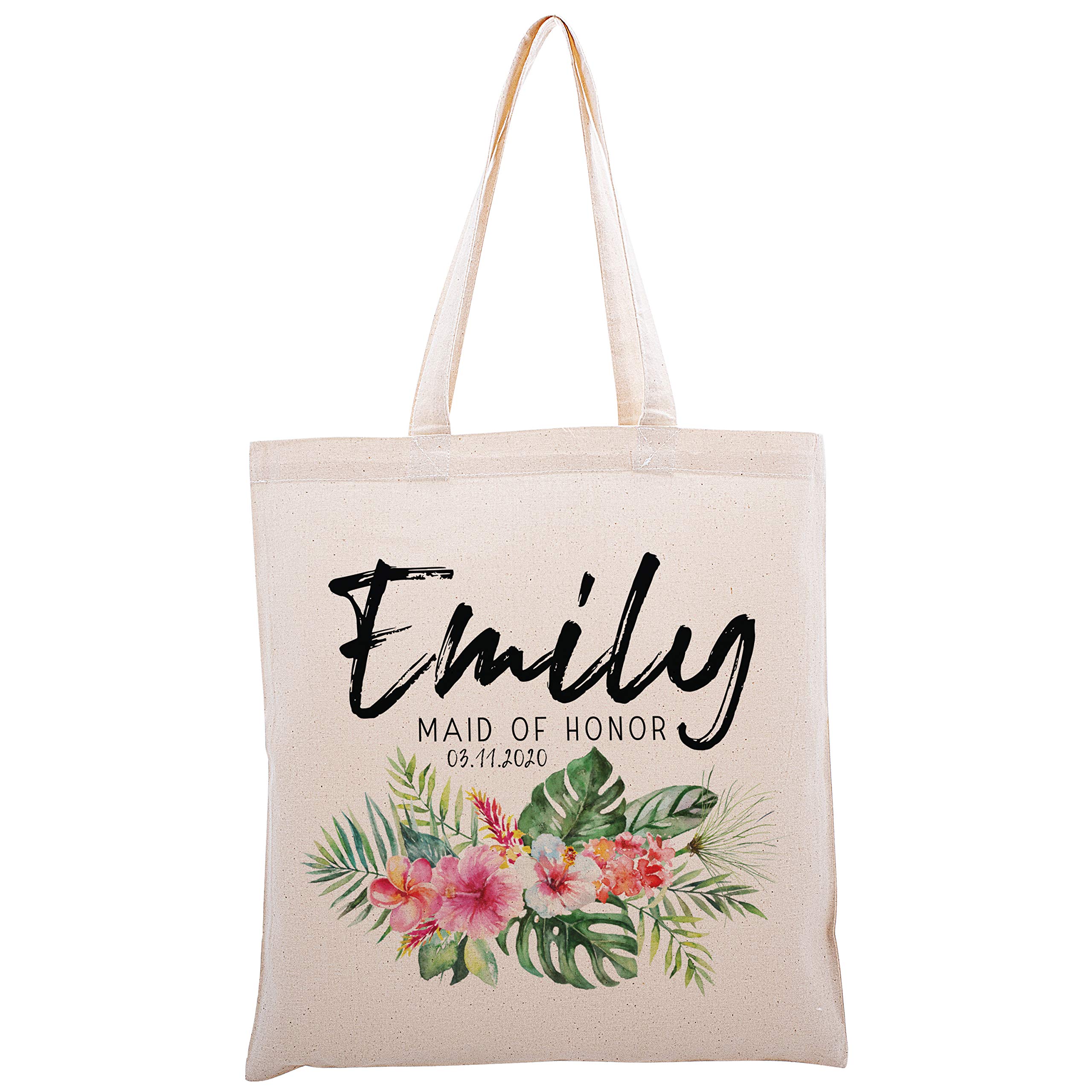 Custom Printed Cotton Canvas Tote Bag - Personalized Handbag Gift for Wedding, Bachelorette, Baby Shower & Bridesmaid | Tropical Floral Design | Reusable Shopping Bag for Beach, Grocery & Travel | C1D09