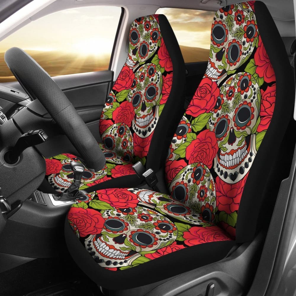 2 Pcs Rose Floral Sugar Skull Car Seat Covers - Soft & Stylish Protection for Front Seats - Perfect for Halloween, Dia de Los Muertos, and Gothic Car Decor