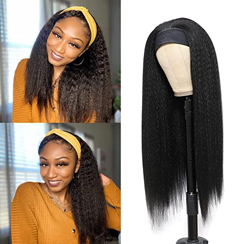 12 Inch Kinky Straight Headband Wigs for Black Women - No Lace Synthetic Hair Wigs with Natural Hairline, Glueless Yaki Straight Wigs in Natural Black | Perfect for Daily Wear, Parties & Protective Styling