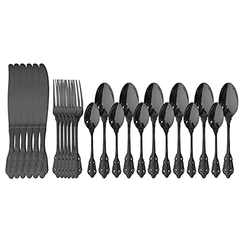 Premium 24-Piece Black Vintage Flatware Set - 304 Stainless Steel Knife Fork Spoon Cutlery Set for Formal Dining, Wedding Registry & Luxury Dinnerware - Elegant Gold Accent Western Tableware (24Pcs Black) - Perfect for Holiday Entertaining, Fine Dining Restaurants & Upscale Dinner Parties