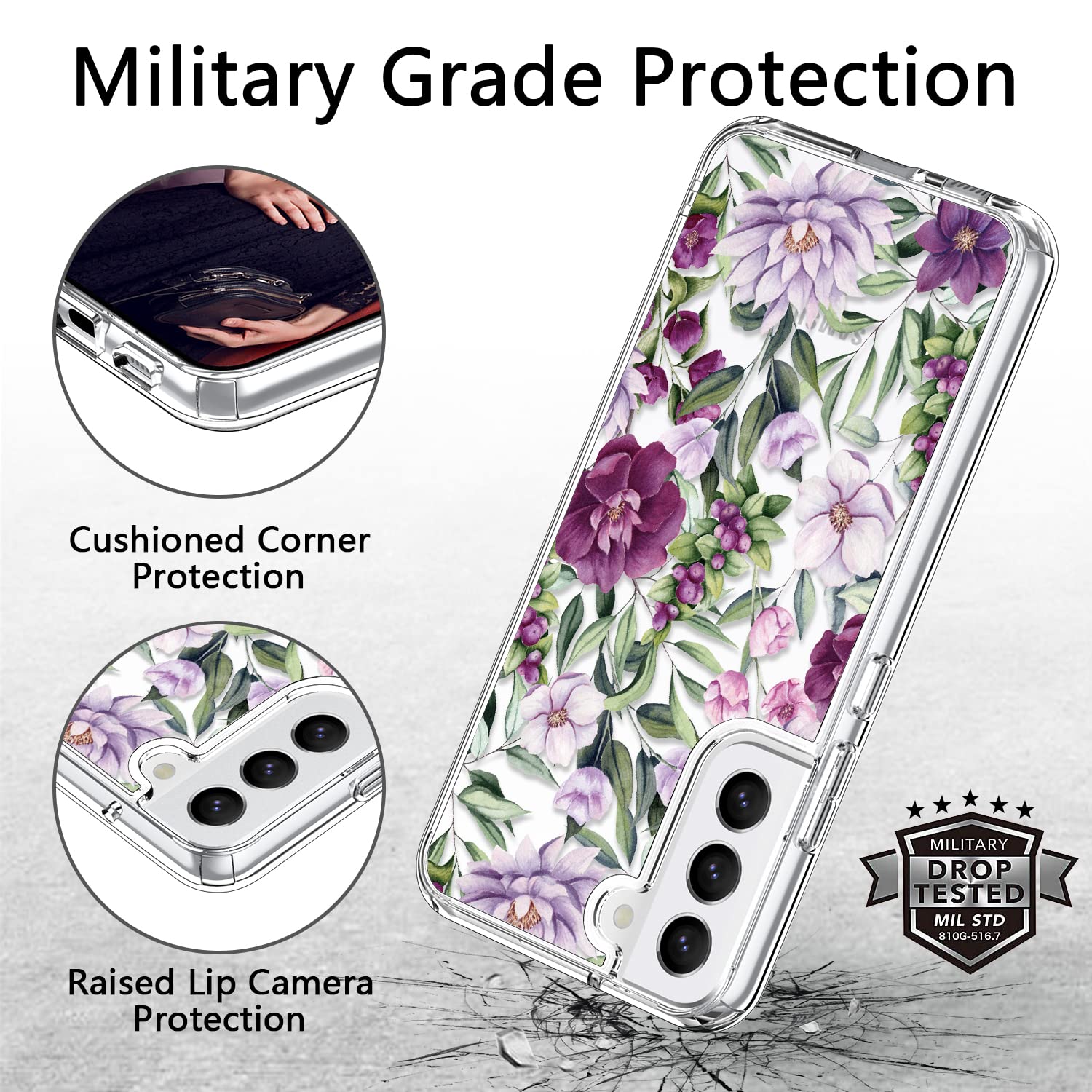 Samsung Galaxy S22 Case - Slim Fit Crystal Clear Protective Cover with Fashionable Pink Purple Floral Design for Women & Girls | Durable Rugged Shockproof Phone Case for Samsung Galaxy S22 6.1