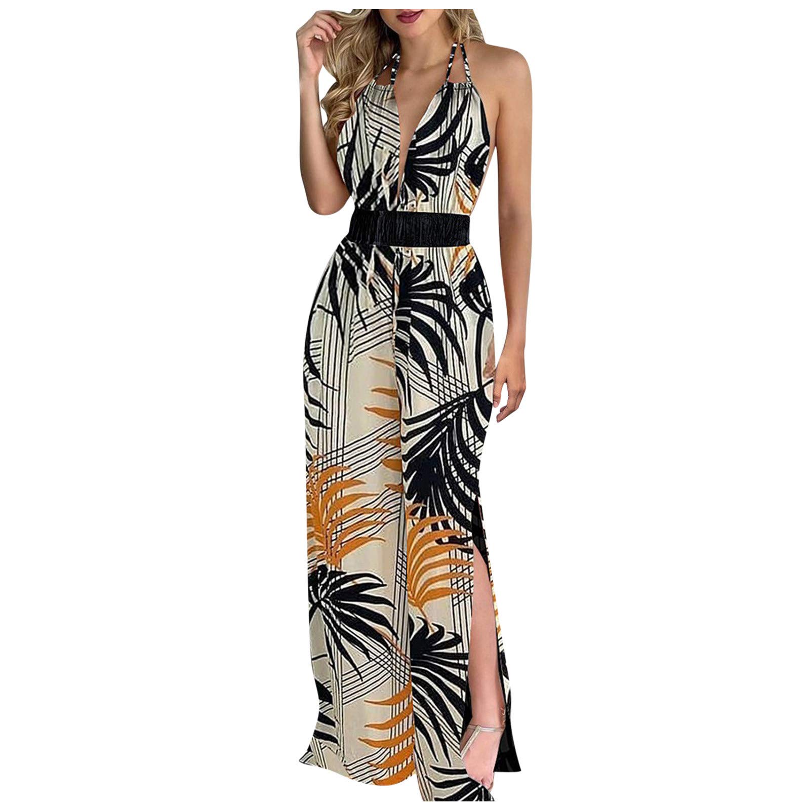 Vintage Floral Print Women's Sleeveless Halter Maxi Dress - Casual Loose Beach Dress for Summer Vacation, Pool Party & Boho Outfit