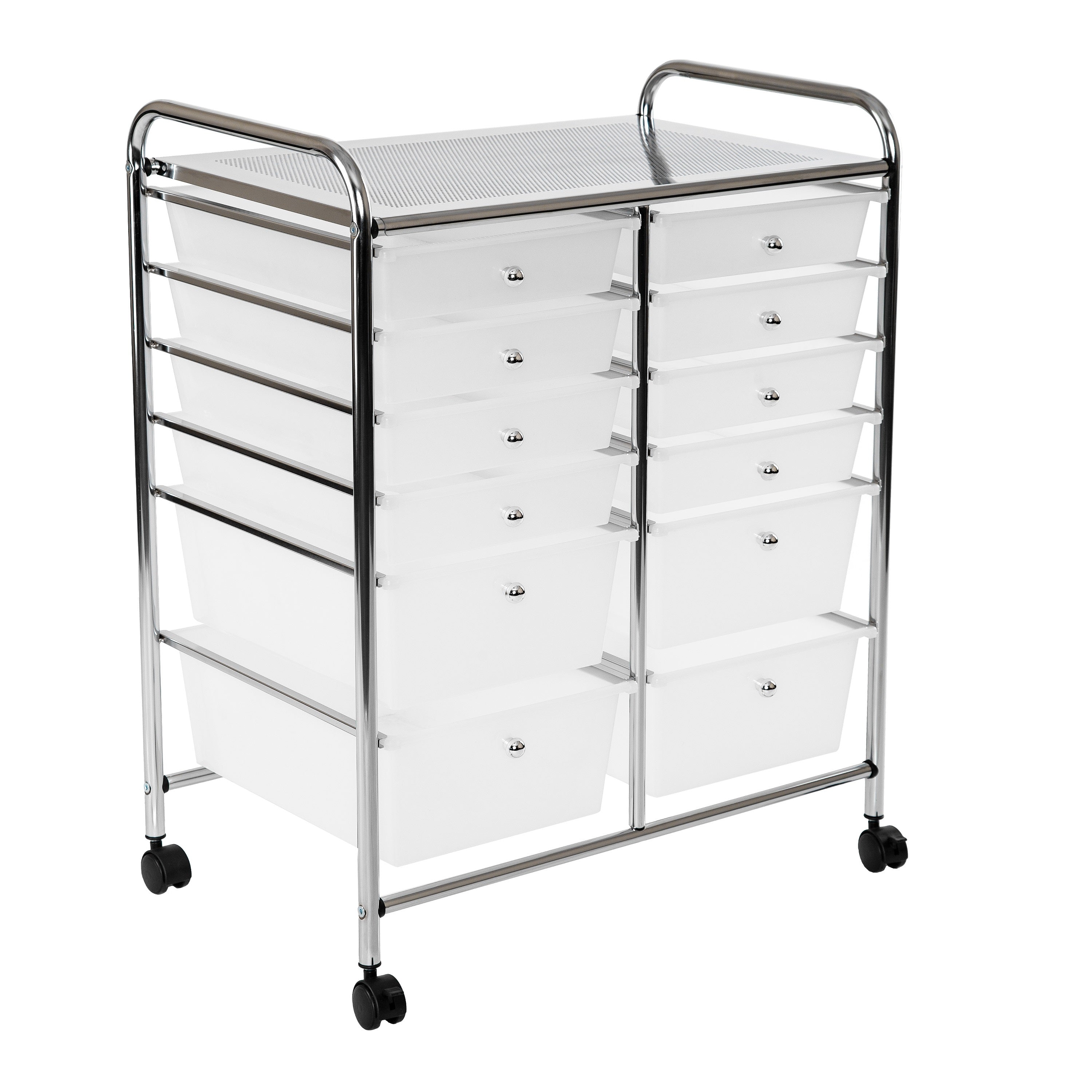 12-Drawer Rolling Organizer Cart with Wheels - Frosted White Storage Cabinet for Office, Craft Room, Kitchen & Bathroom Organization
