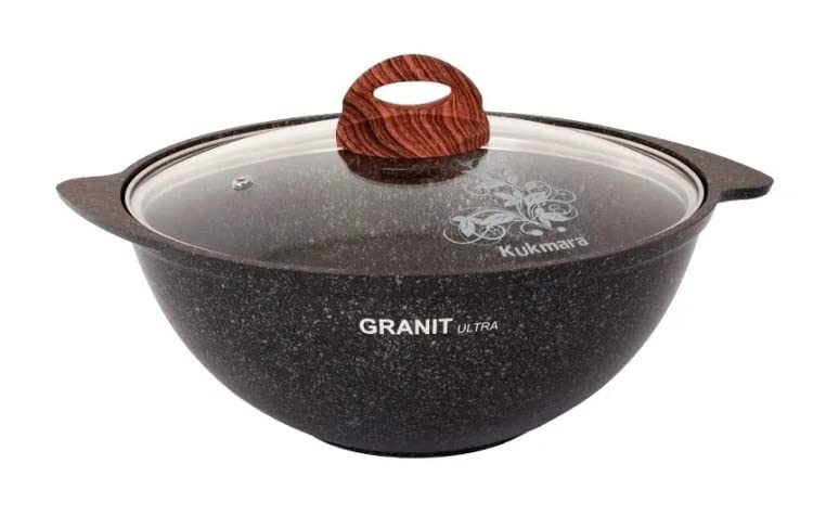 **Granite Ultra Non-Stick Aluminum Wok Kazan with Glass Lid – 3.7 Qt (3.5 L) Dutch Oven for Pilaf, Stir-Fry & Camping – Durable Kitchen Cookware for Home & Outdoor Cooking**