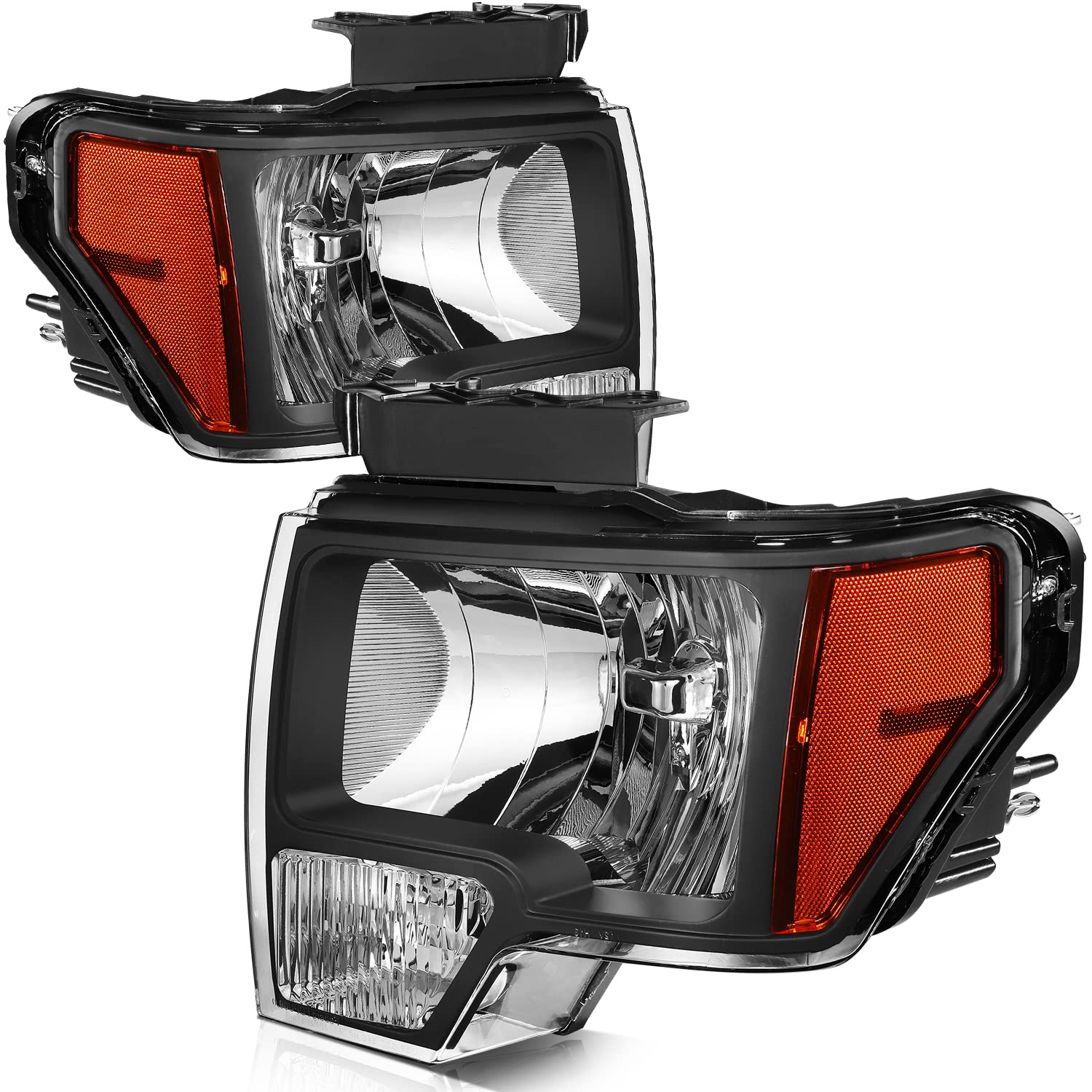 ECCPP Replacement Headlight Assembly Pair for Ford F-150 2009-2014 - Black Housing with Amber Reflector & Clear Lens - Driver & Passenger Side - Perfect for Night Driving & Off-Road Adventures