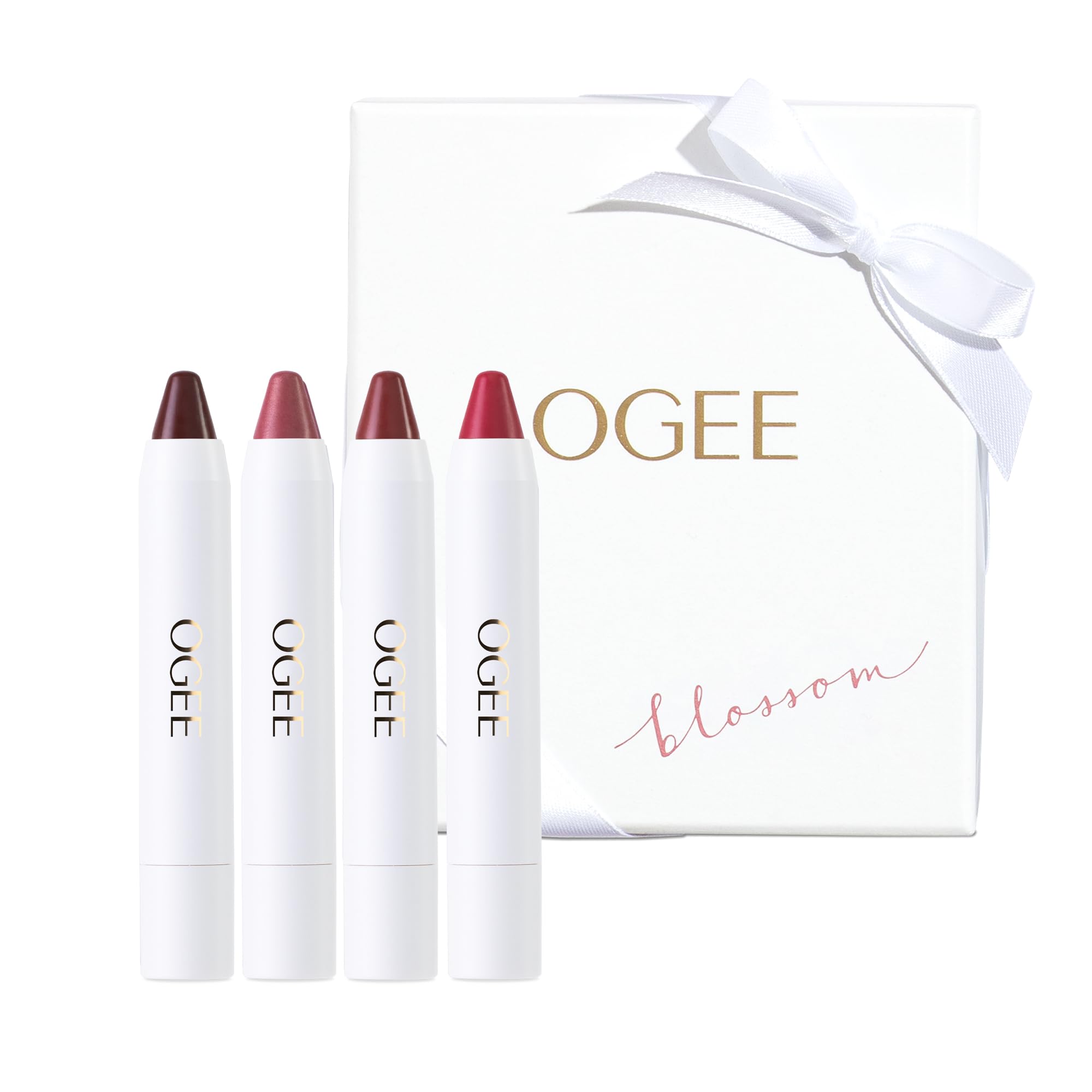 Ogee Tinted Sculpted Lip Oil Gift Set - 4 Piece Blossom Collection with Organic Coconut Oil, Jojoba Oil & Vitamin E - Hydrating Lip Balm, Natural Lip Color & Treatment for Dry Lips - Perfect for Daily Moisture, Makeup Looks & Gift Giving